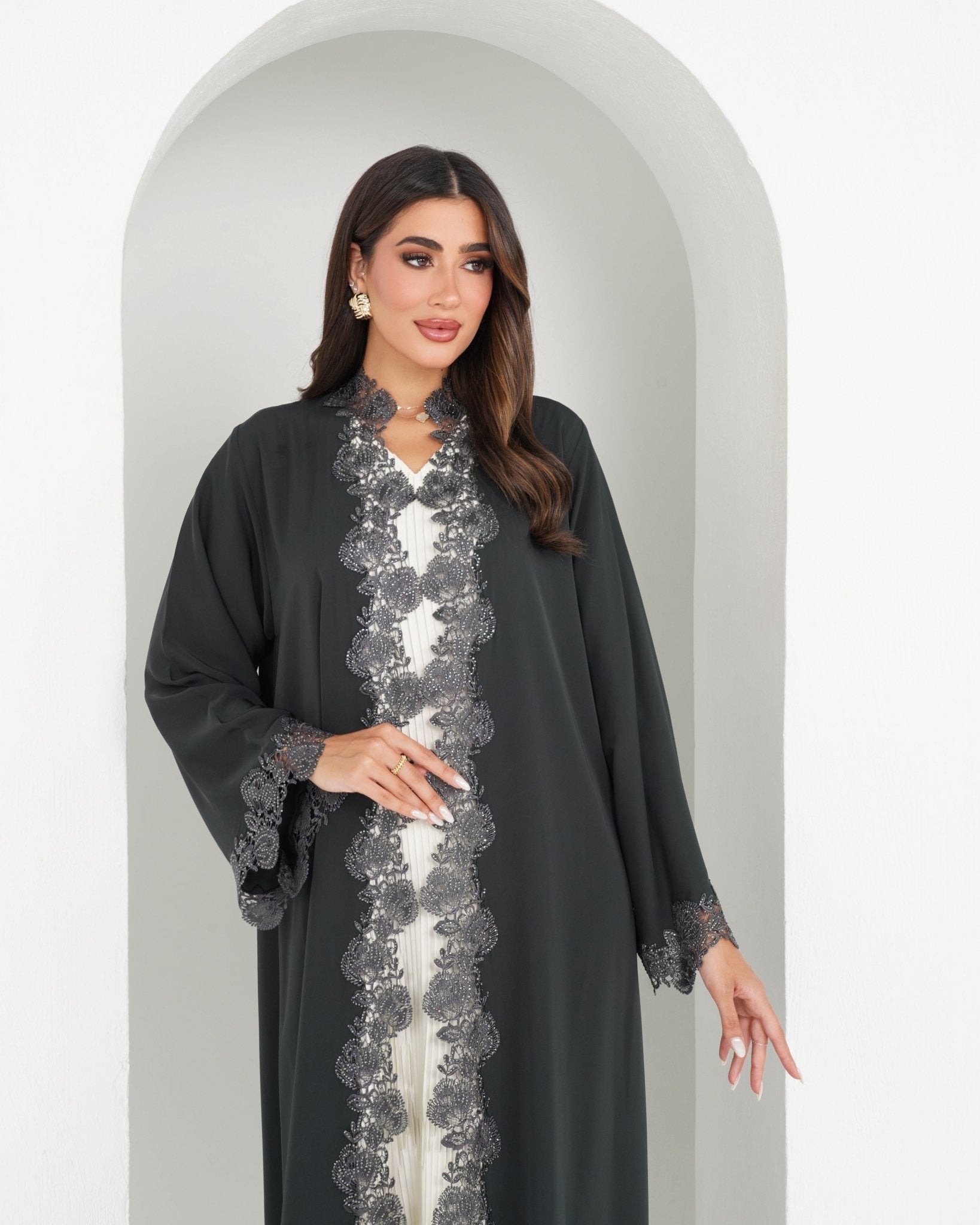 R154 C Green Dantel Glaring Abaya Set Abaya for Women UAE – Abaya – Rutba Fashion Abaya