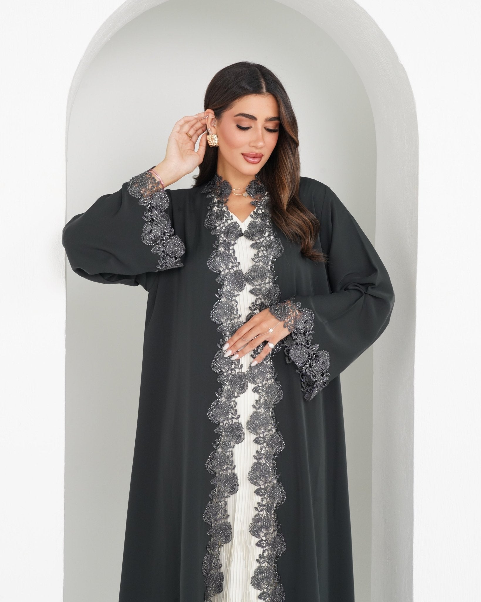 R154 C Green Dantel Glaring Abaya Set Abaya for Women UAE – Abaya – Rutba Fashion Abaya
