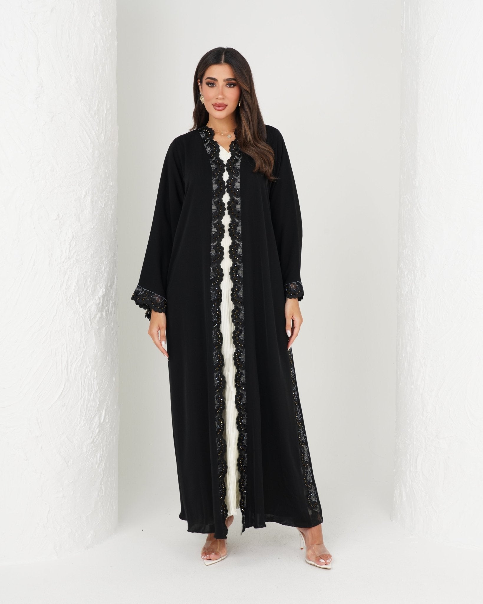 R156 Black Dantel Abaya Set Abaya for Women UAE – Abaya – Rutba Fashion Abaya
