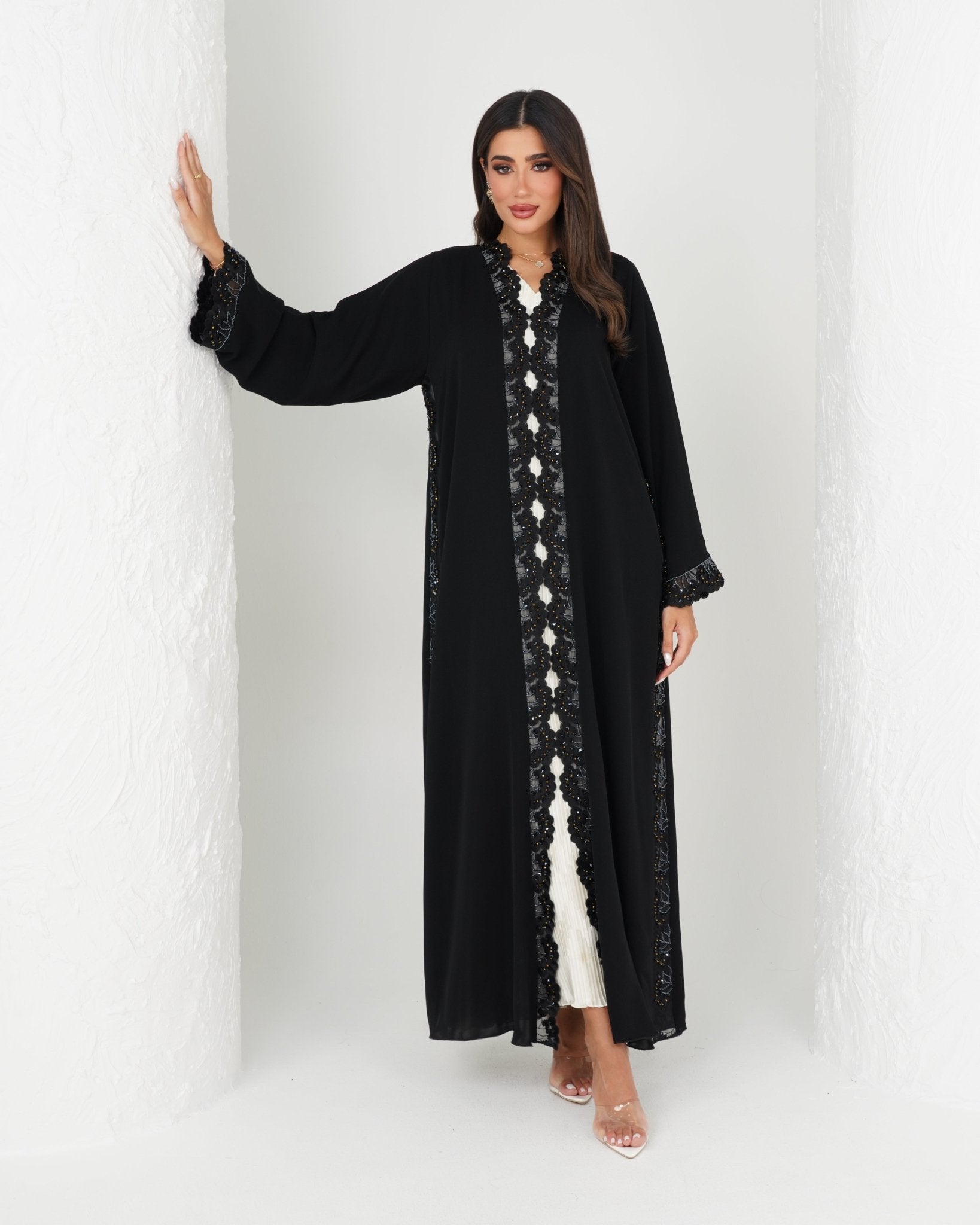 R156 Black Dantel Abaya Set Abaya for Women UAE – Abaya – Rutba Fashion Abaya