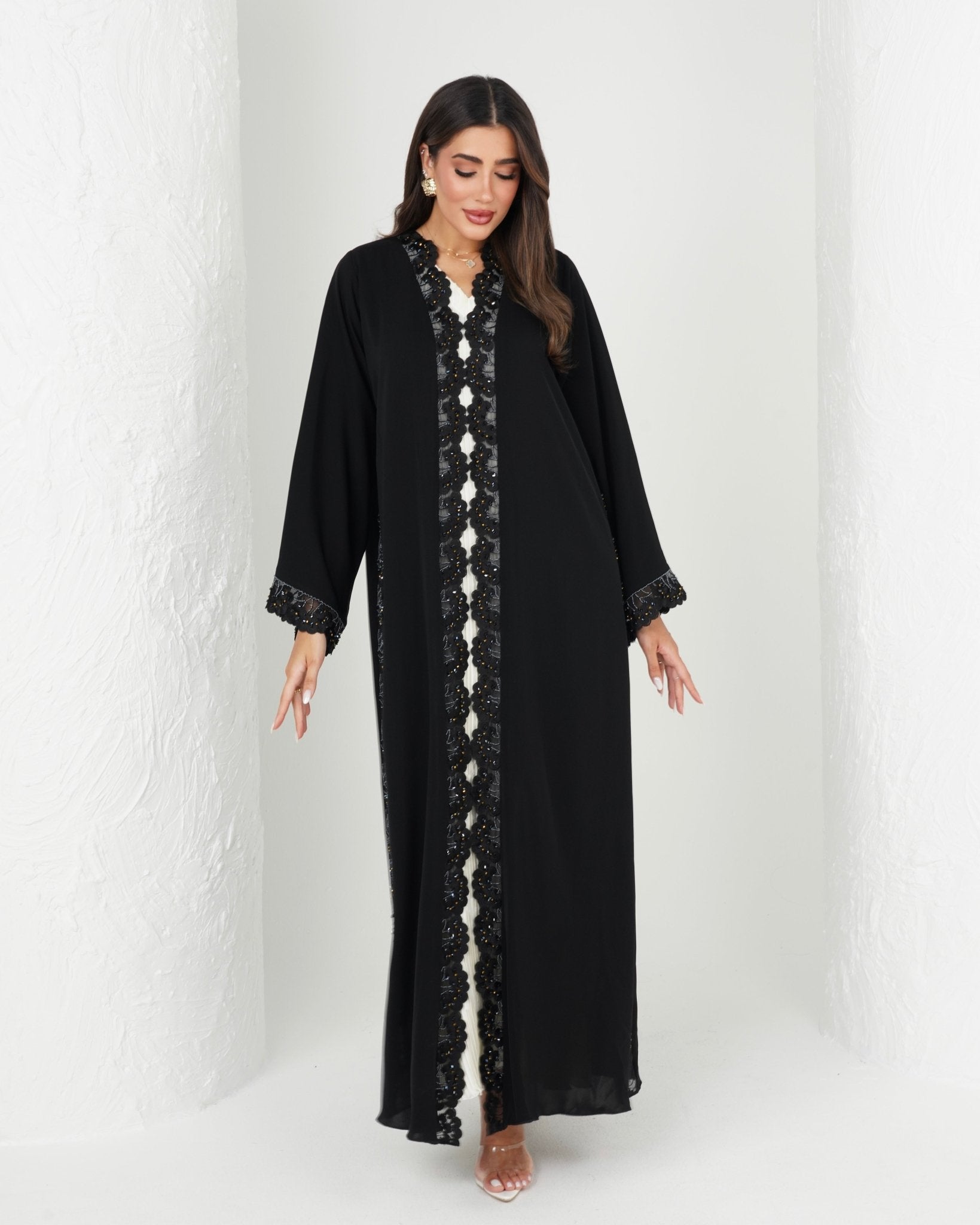R156 Black Dantel Abaya Set Abaya for Women UAE – Abaya – Rutba Fashion Abaya