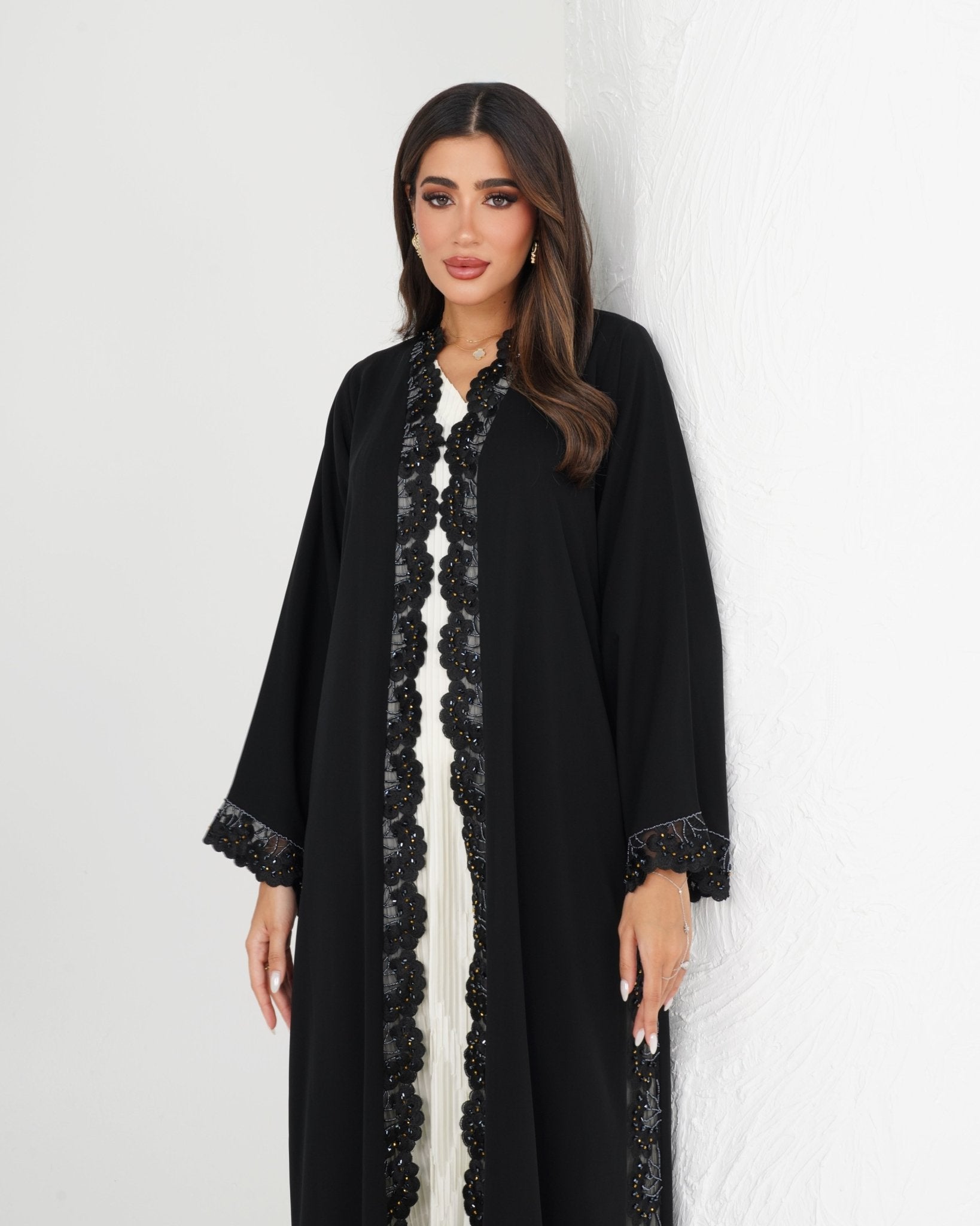R156 Black Dantel Abaya Set Abaya for Women UAE – Abaya – Rutba Fashion Abaya