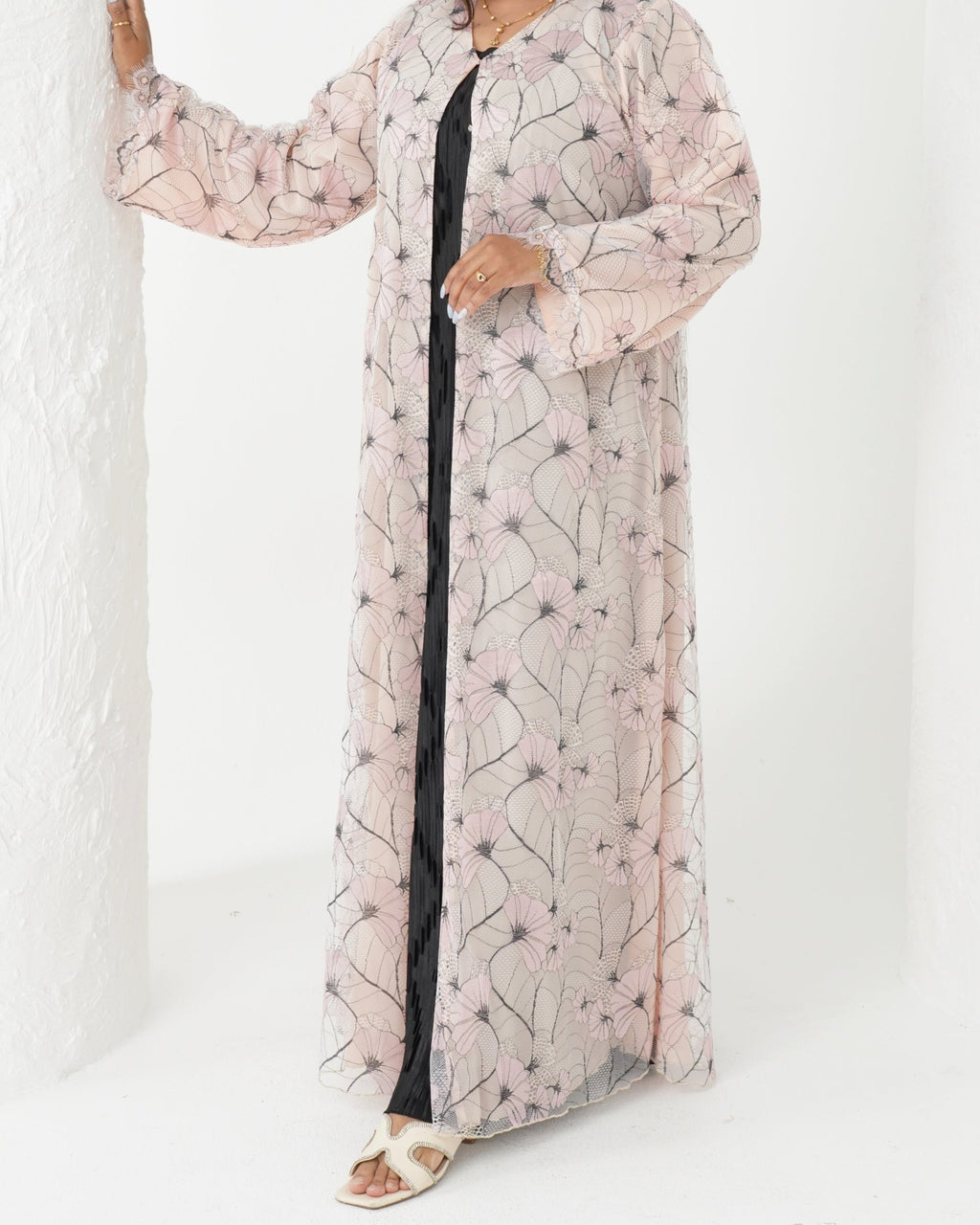 R176 Elegant Pink Dantel Summer wear Abaya Set Abaya for Women UAE – Abaya – Rutba Fashion Abaya
