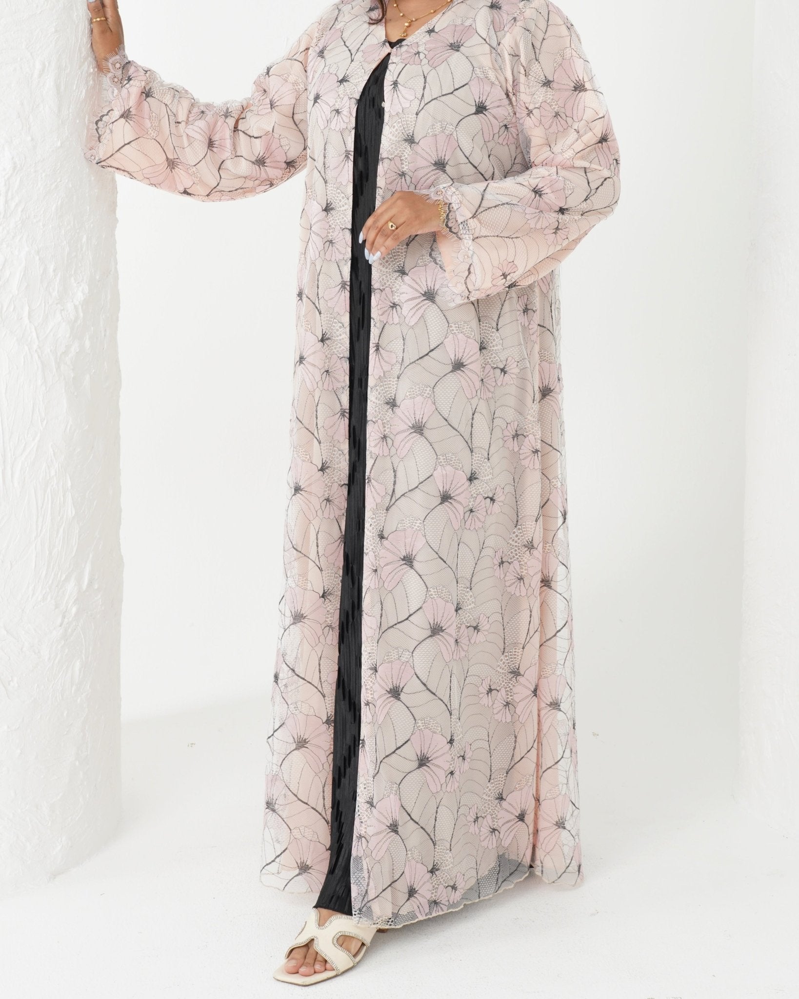 R176 Elegant Pink Dantel Summer wear Abaya Set Abaya for Women UAE – Abaya – Rutba Fashion Abaya