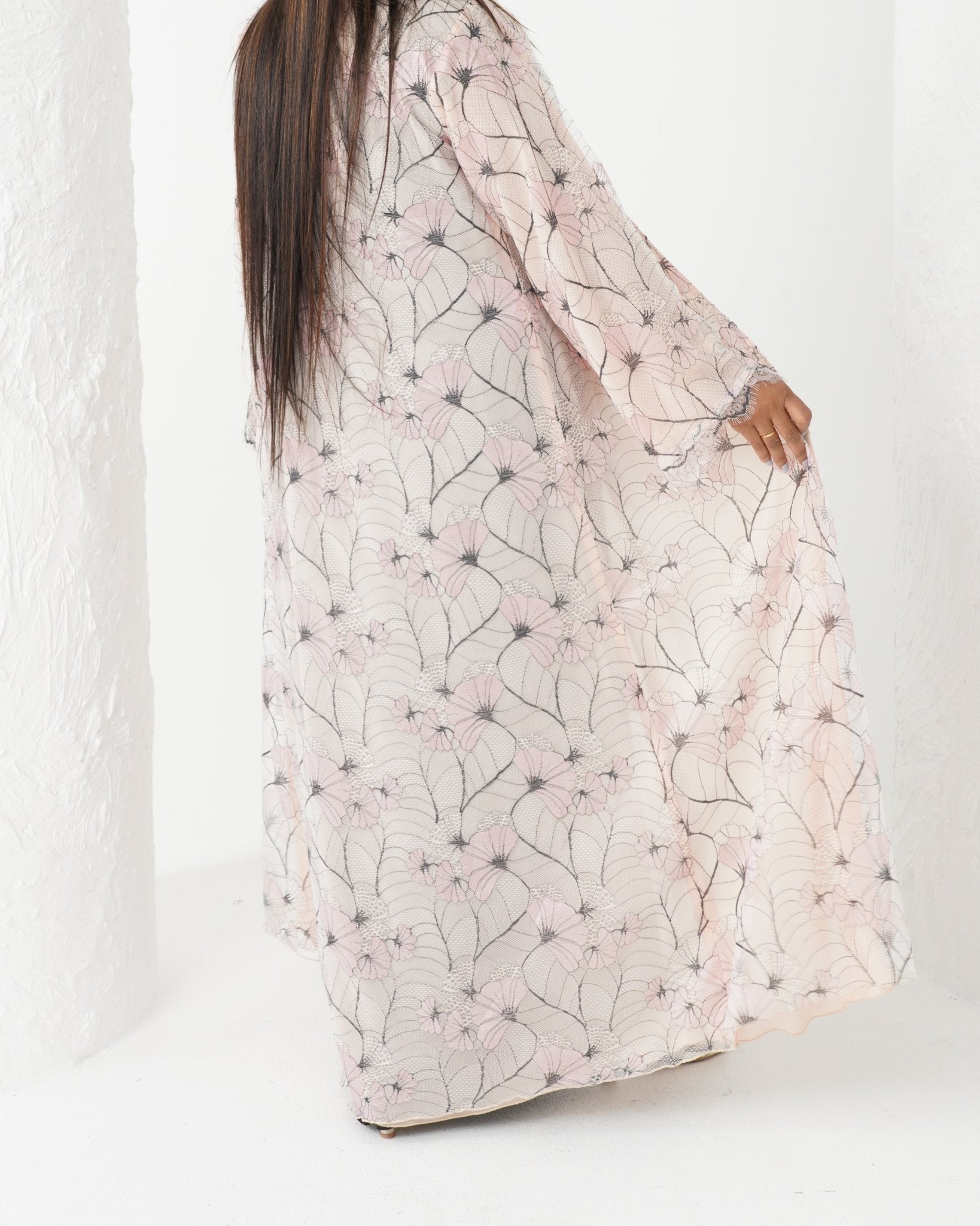 R176 Elegant Pink Dantel Summer wear Abaya Set Abaya for Women UAE – Abaya – Rutba Fashion Abaya