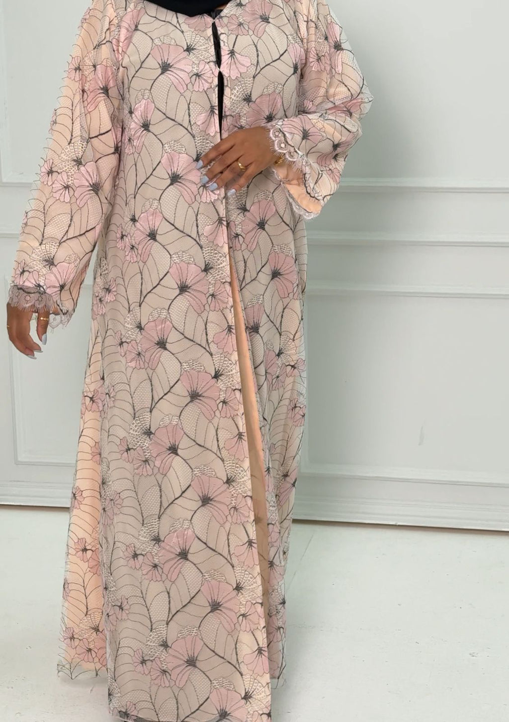 R176 Elegant Pink Dantel Summer wear Abaya Set Abaya for Women UAE – Abaya – Rutba Fashion Abaya