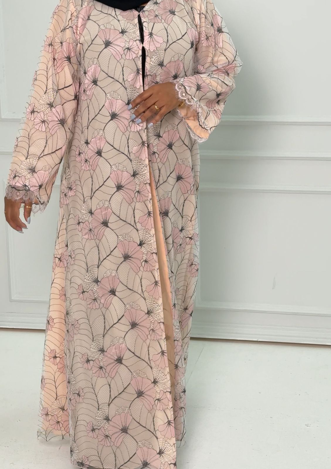 R176 Elegant Pink Dantel Summer wear Abaya Set Abaya for Women UAE – Abaya – Rutba Fashion Abaya