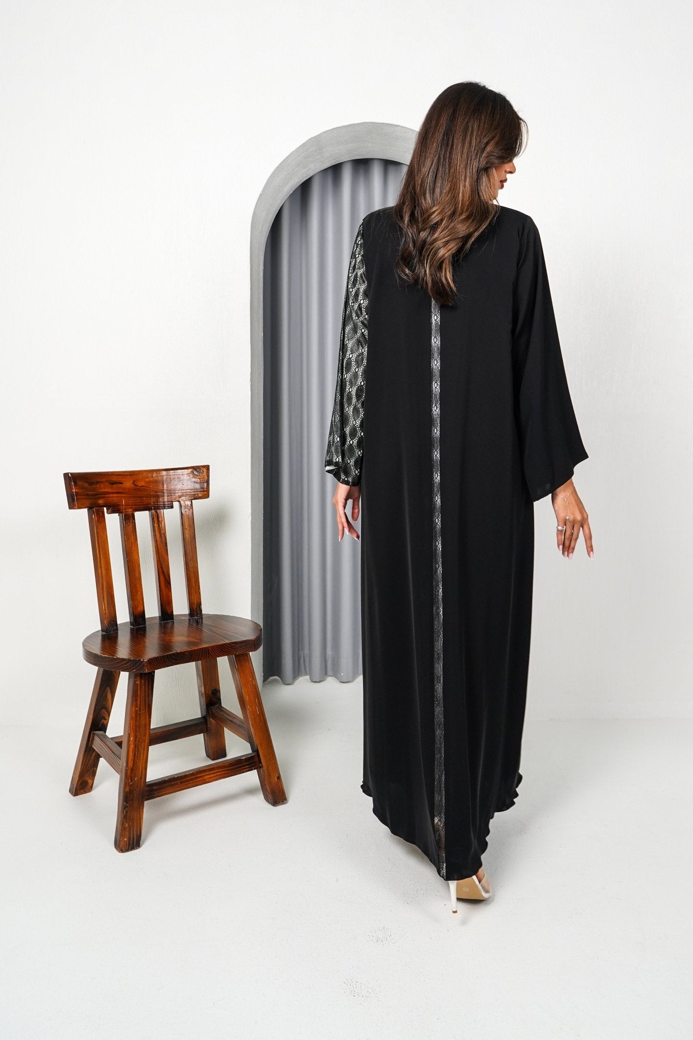 R196 Black shining Dantil Abaya Set Abaya for Women UAE – Abaya – Rutba Fashion Abaya