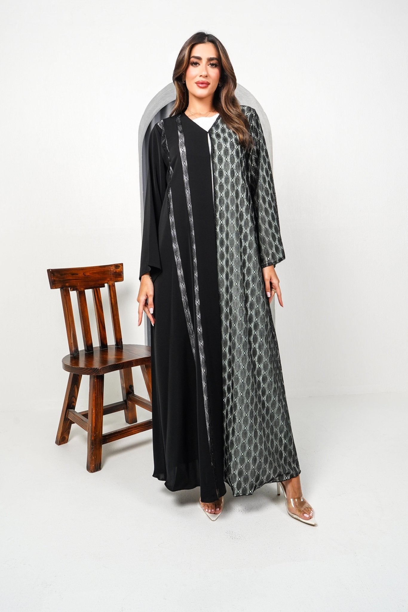 R196 Black shining Dantil Abaya Set Abaya for Women UAE – Abaya – Rutba Fashion Abaya