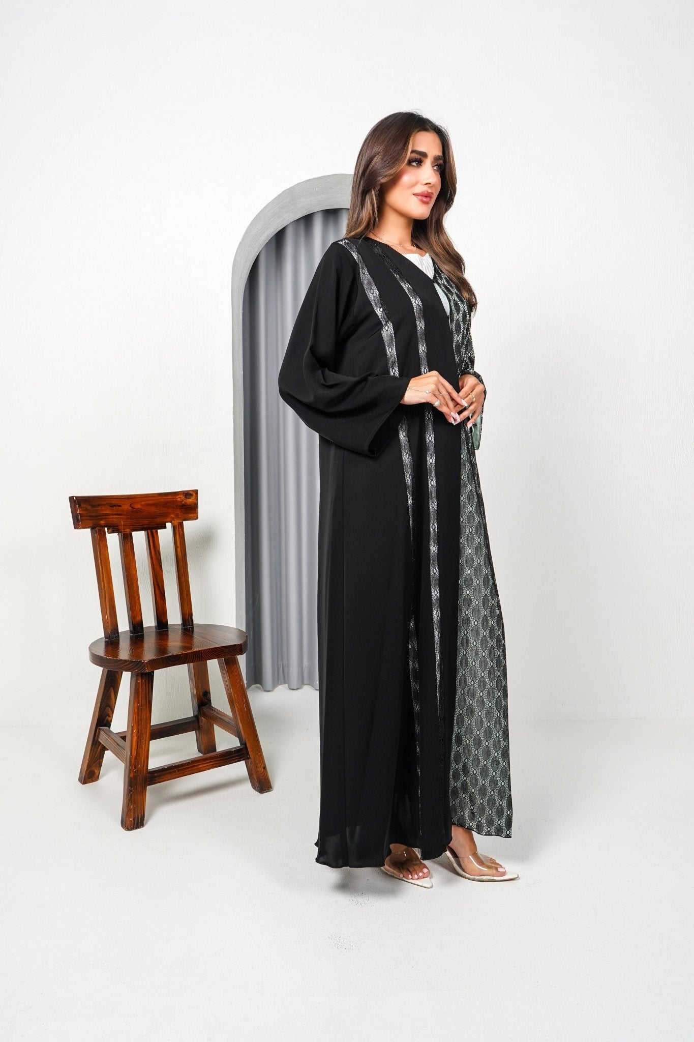 R196 Black shining Dantil Abaya Set Abaya for Women UAE – Abaya – Rutba Fashion Abaya