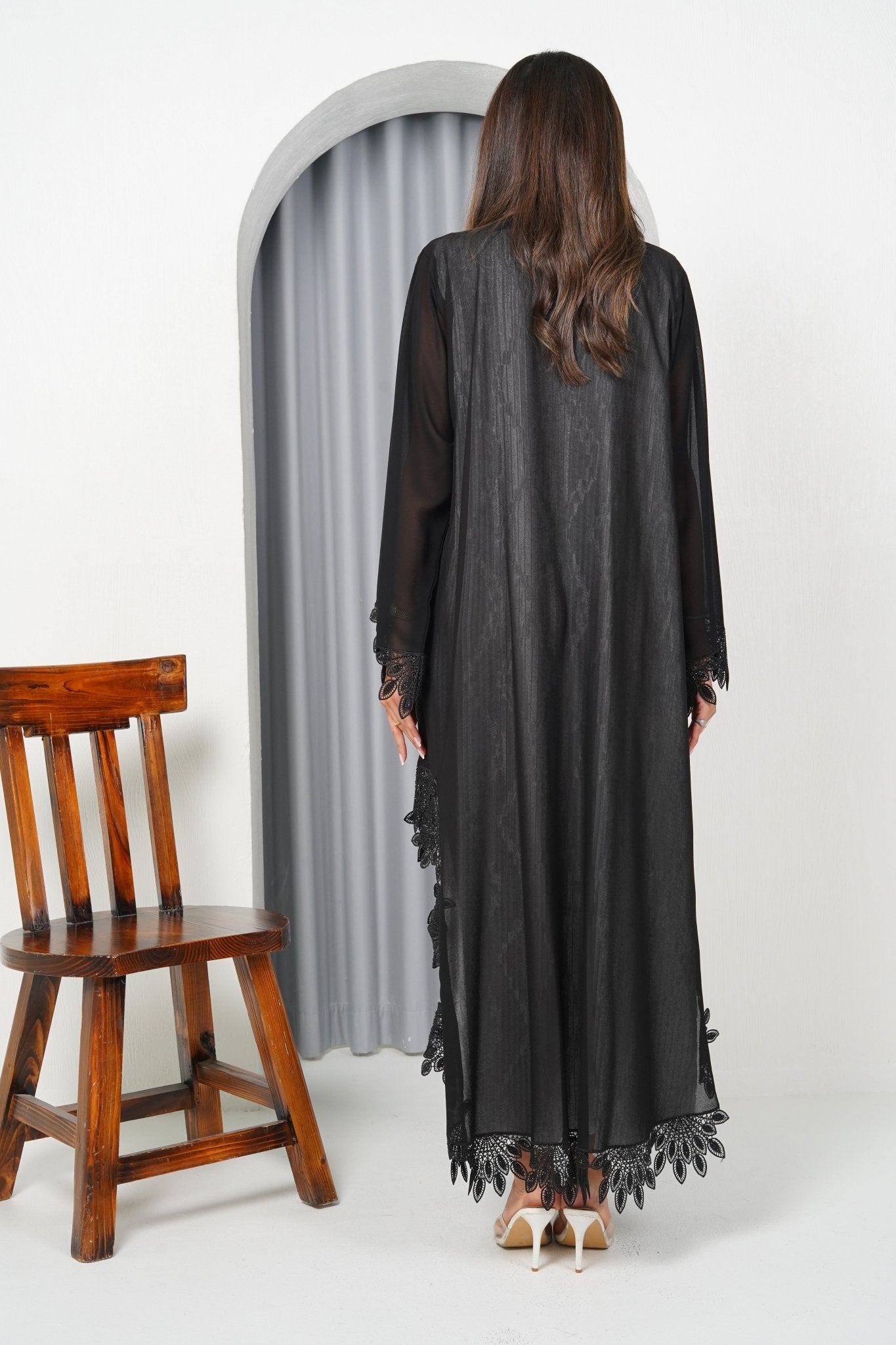 R198 Black Flower Dantil Abaya Set Abaya for Women UAE – Abaya – Rutba Fashion Abaya