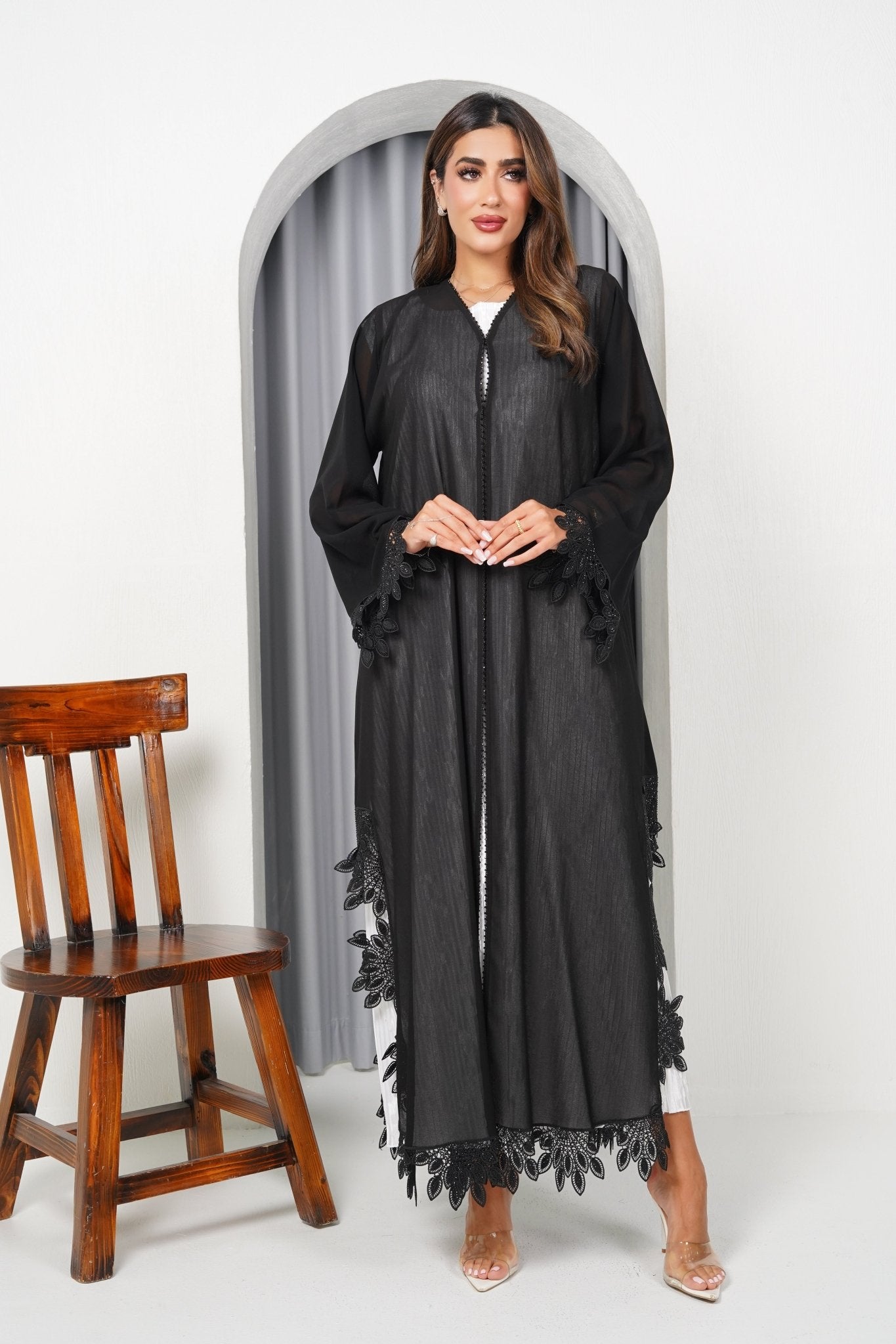 R198 Black Flower Dantil Abaya Set Abaya for Women UAE – Abaya – Rutba Fashion Abaya