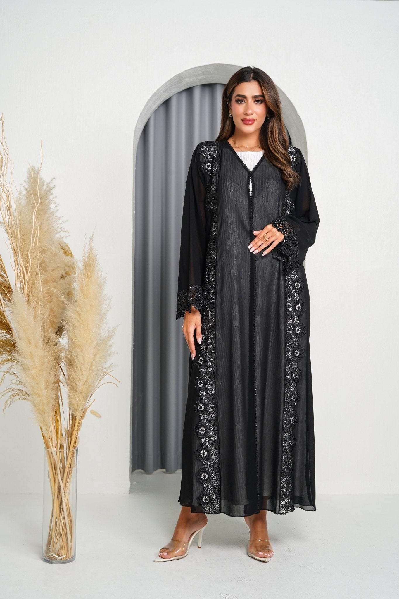 R201 Black Laser Cut Dantil Abaya Set Abaya for Women UAE – Abaya – Rutba Fashion Abaya
