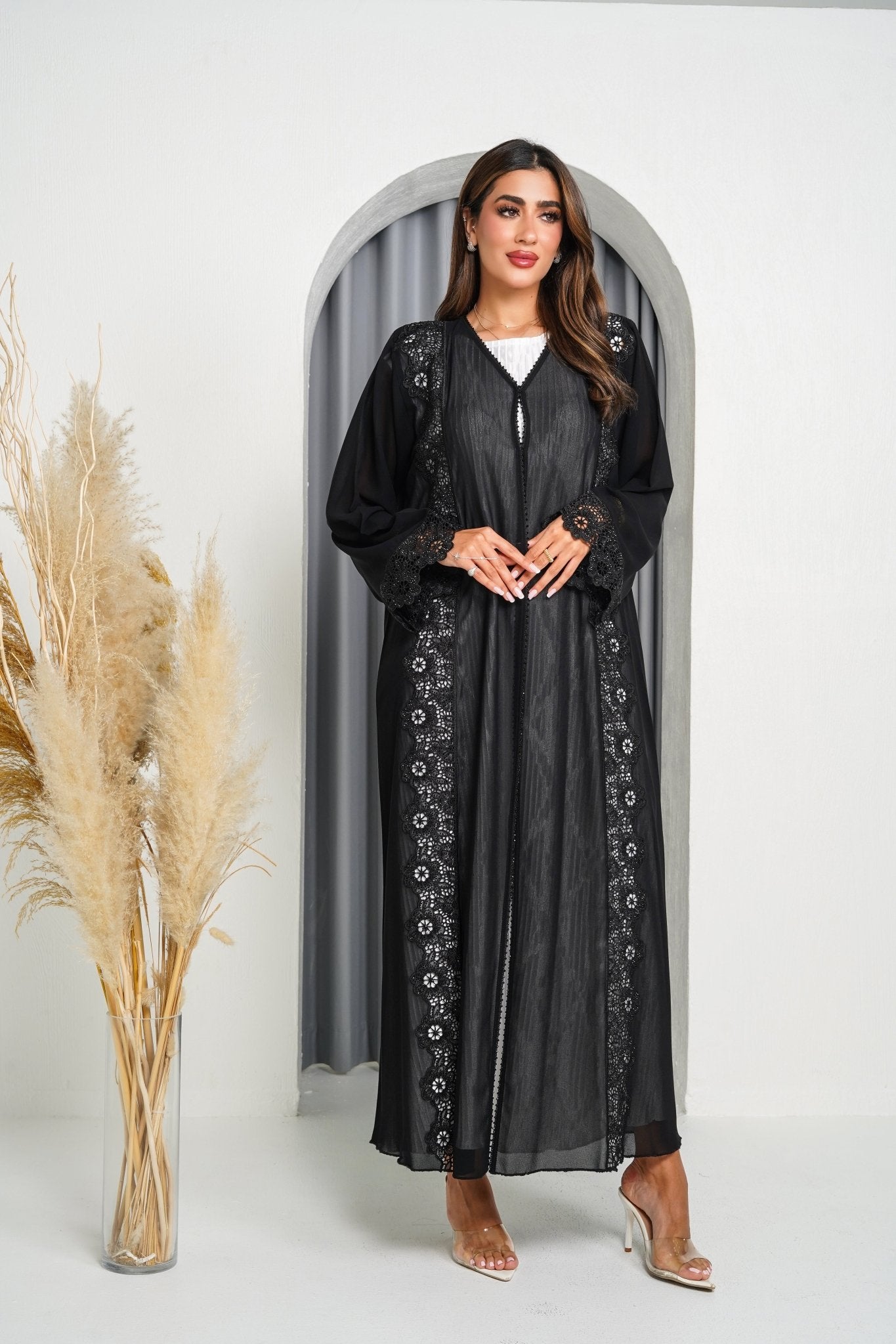 R201 Black Laser Cut Dantil Abaya Set Abaya for Women UAE – Abaya – Rutba Fashion Abaya