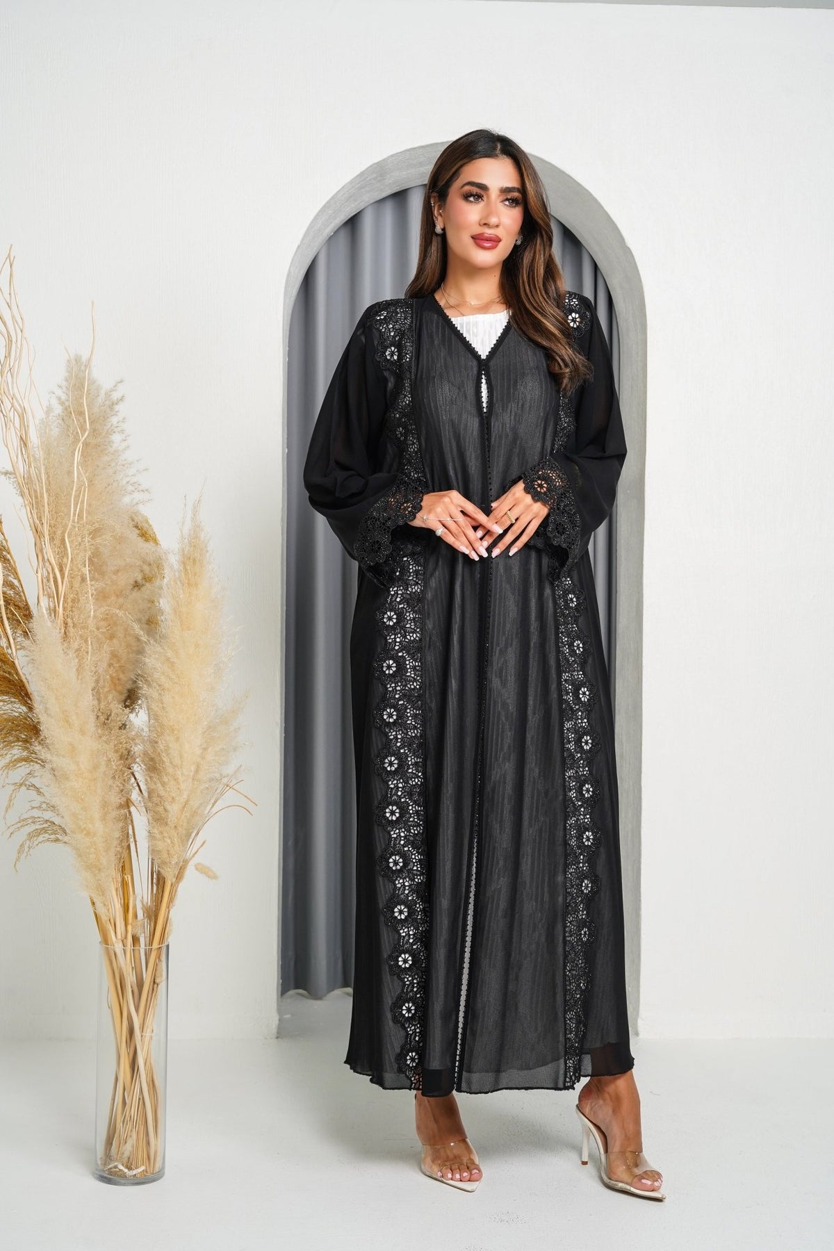R201 Black Laser Cut Dantil Abaya Set Abaya for Women UAE – Abaya – Rutba Fashion Abaya