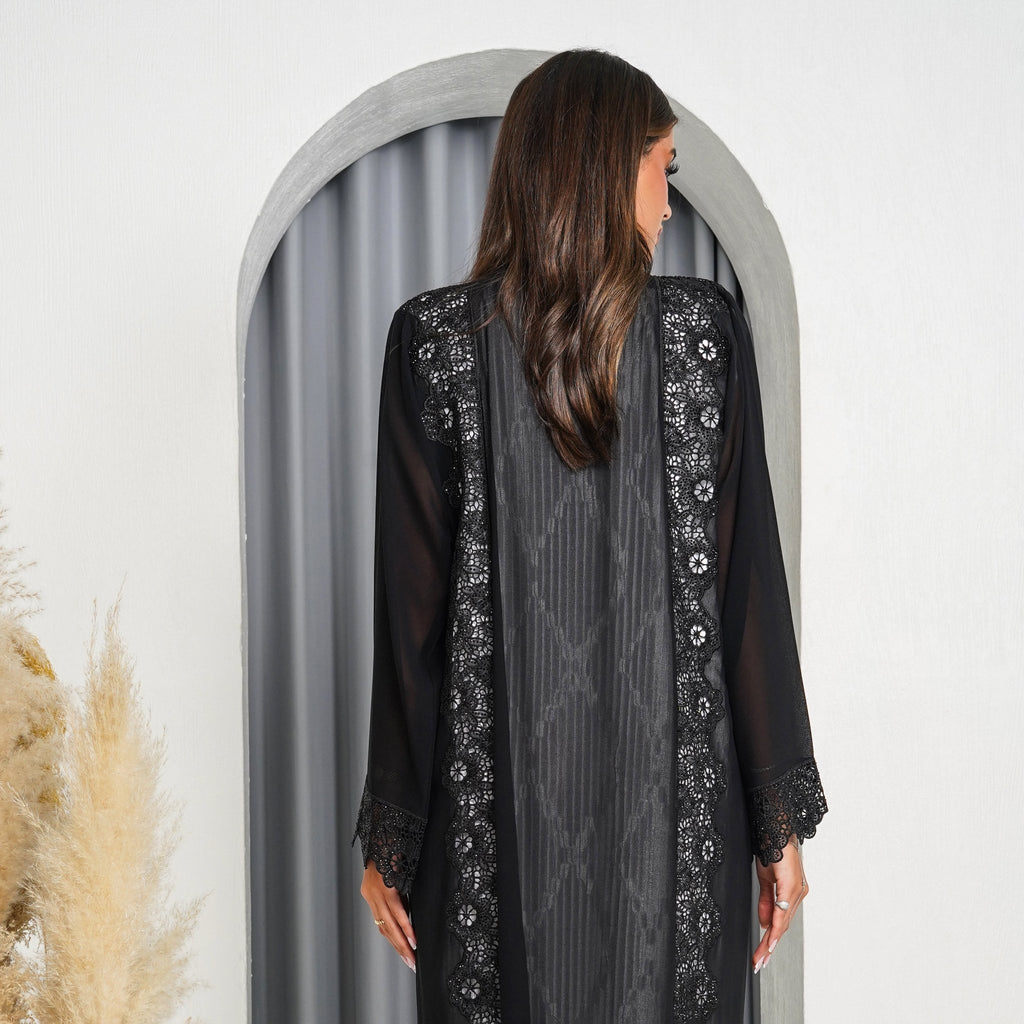 R201 Black Laser Cut Dantil Abaya Set Abaya for Women UAE – Abaya – Rutba Fashion Abaya