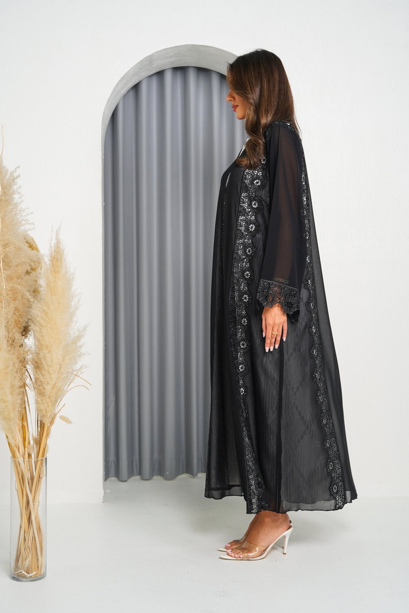 R201 Black Laser Cut Dantil Abaya Set Abaya for Women UAE – Abaya – Rutba Fashion Abaya