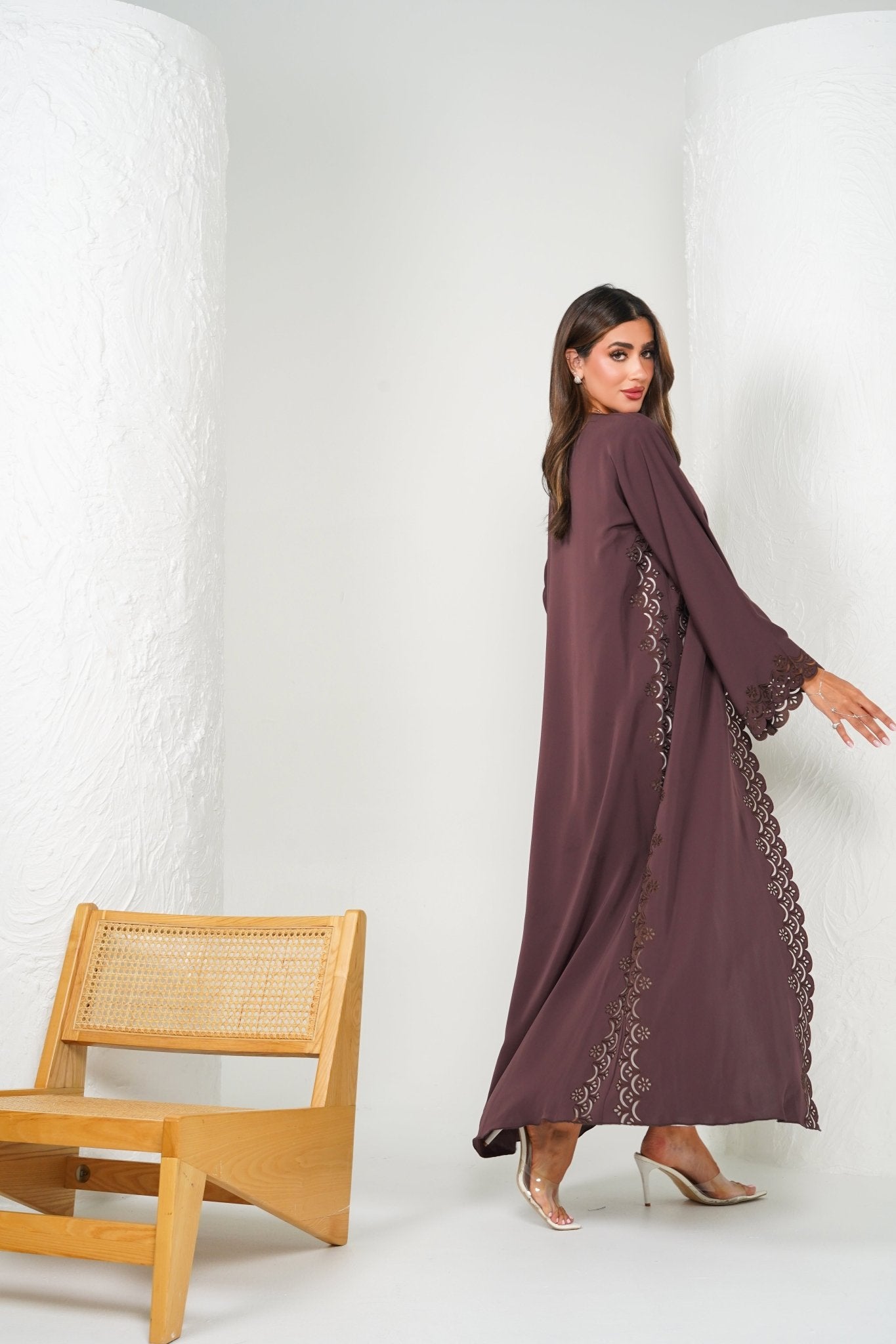 R203 Brown Laser Cut Abaya Set Abaya for Women UAE – Abaya – Rutba Fashion Abaya