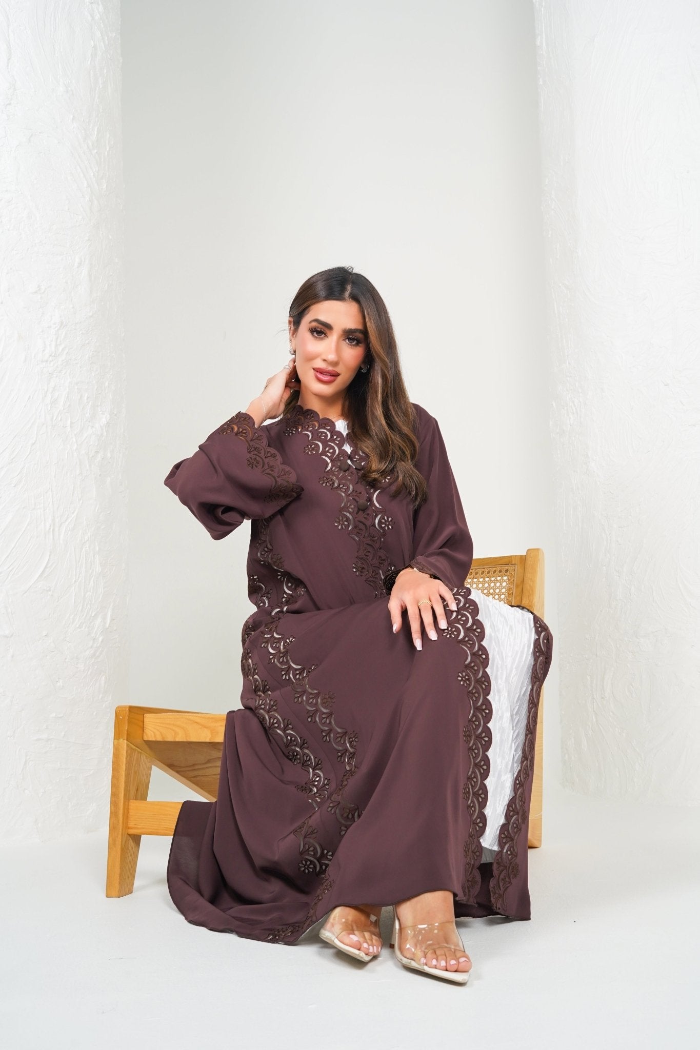 R203 Brown Laser Cut Abaya Set Abaya for Women UAE – Abaya – Rutba Fashion Abaya