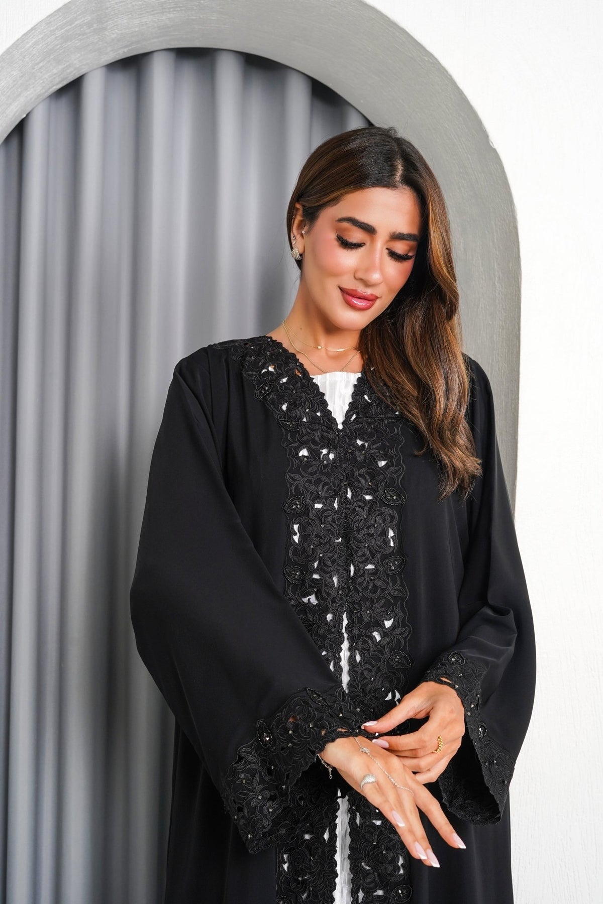 R218 Black elegant Laser Dantil Abaya Set Abaya for Women UAE – Abaya – Rutba Fashion Abaya