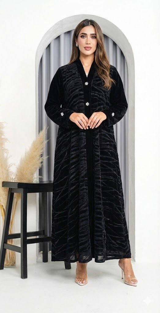 R232 Black Velvet Abaya Set Abaya for Women UAE – Abaya – Rutba Fashion Abaya