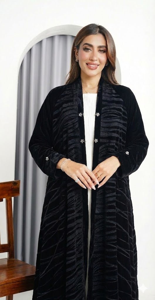 R232 Black Velvet Abaya Set Abaya for Women UAE – Abaya – Rutba Fashion Abaya
