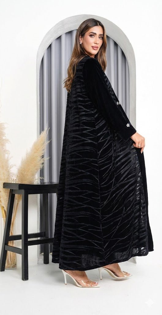 R232 Black Velvet Abaya Set Abaya for Women UAE – Abaya – Rutba Fashion Abaya