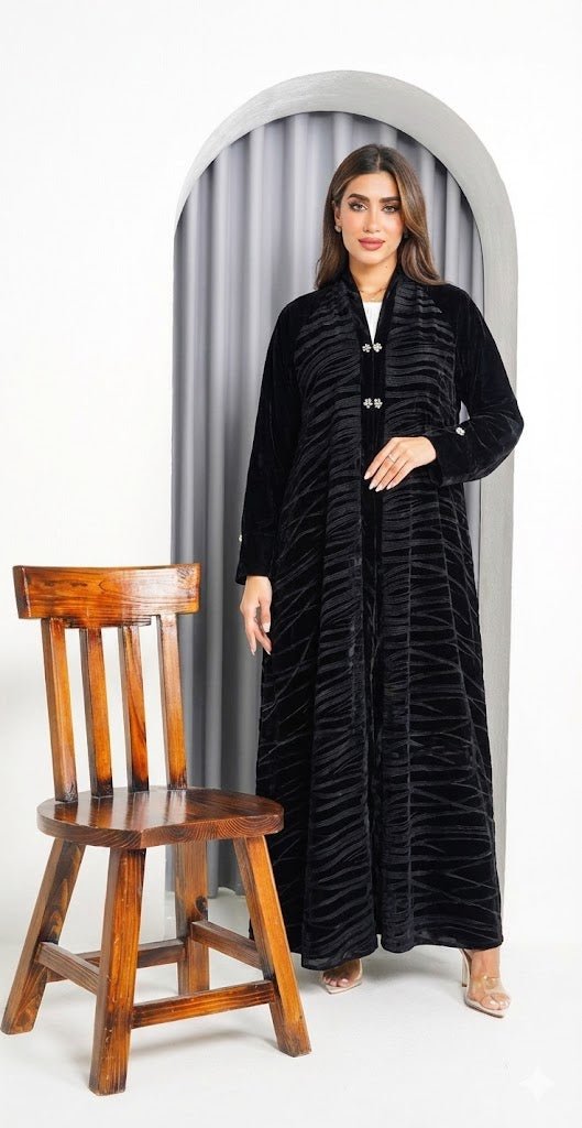 R232 Black Velvet Abaya Set Abaya for Women UAE – Abaya – Rutba Fashion Abaya