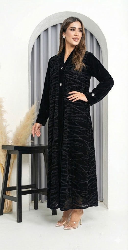 R232 Black Velvet Abaya Set Abaya for Women UAE – Abaya – Rutba Fashion Abaya