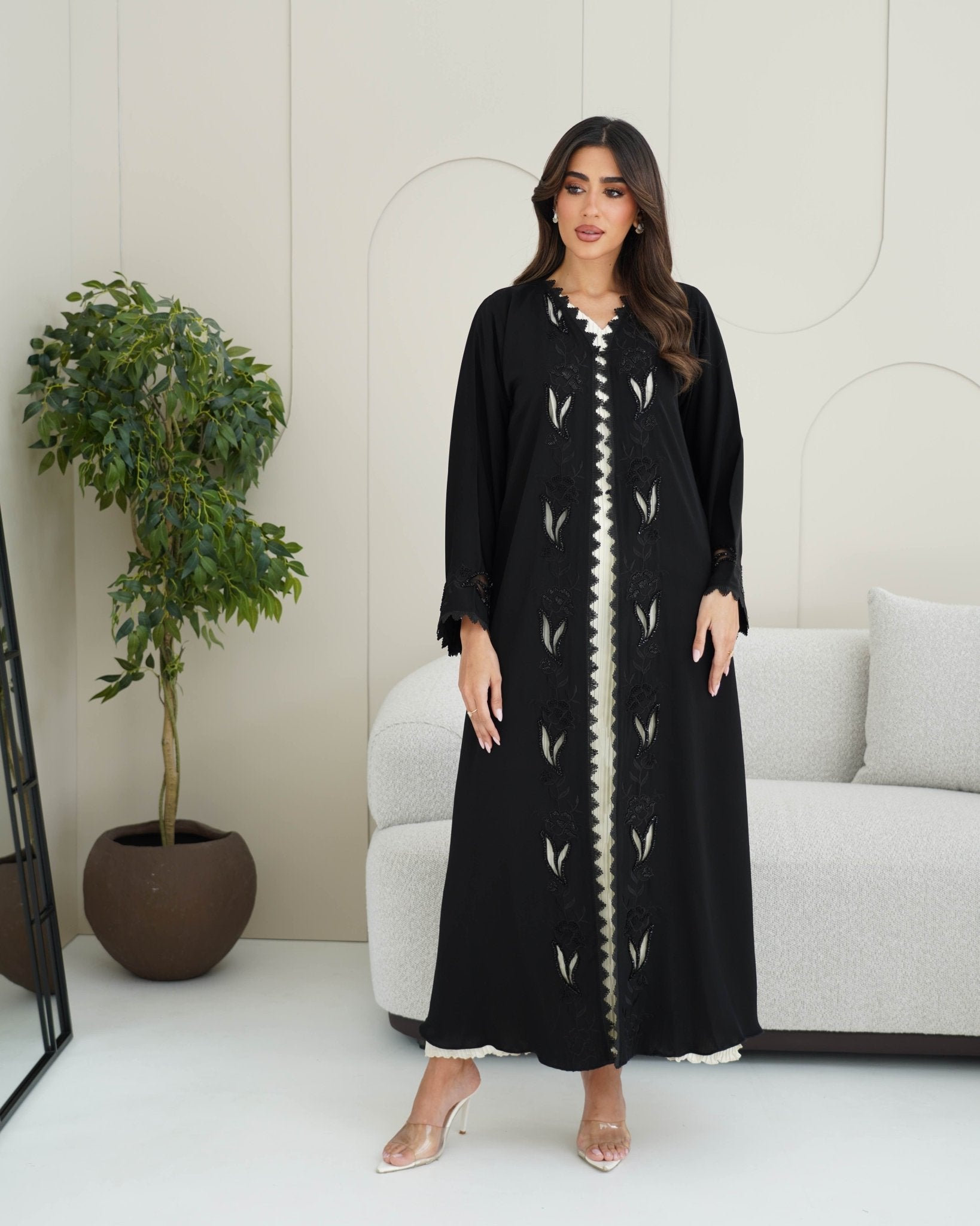R248 Lazar Flower Design Black Abaya for Eid Collection Abaya for Women UAE – Abaya – Rutba Fashion Abaya