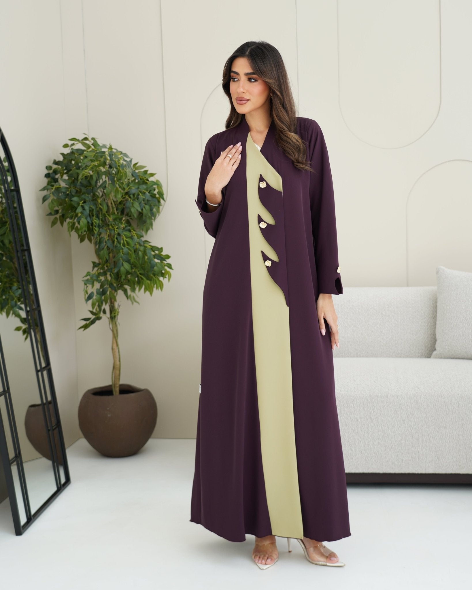 R251 Purple and beige Abaya set Abaya for Women UAE – Abaya – Rutba Fashion Abaya