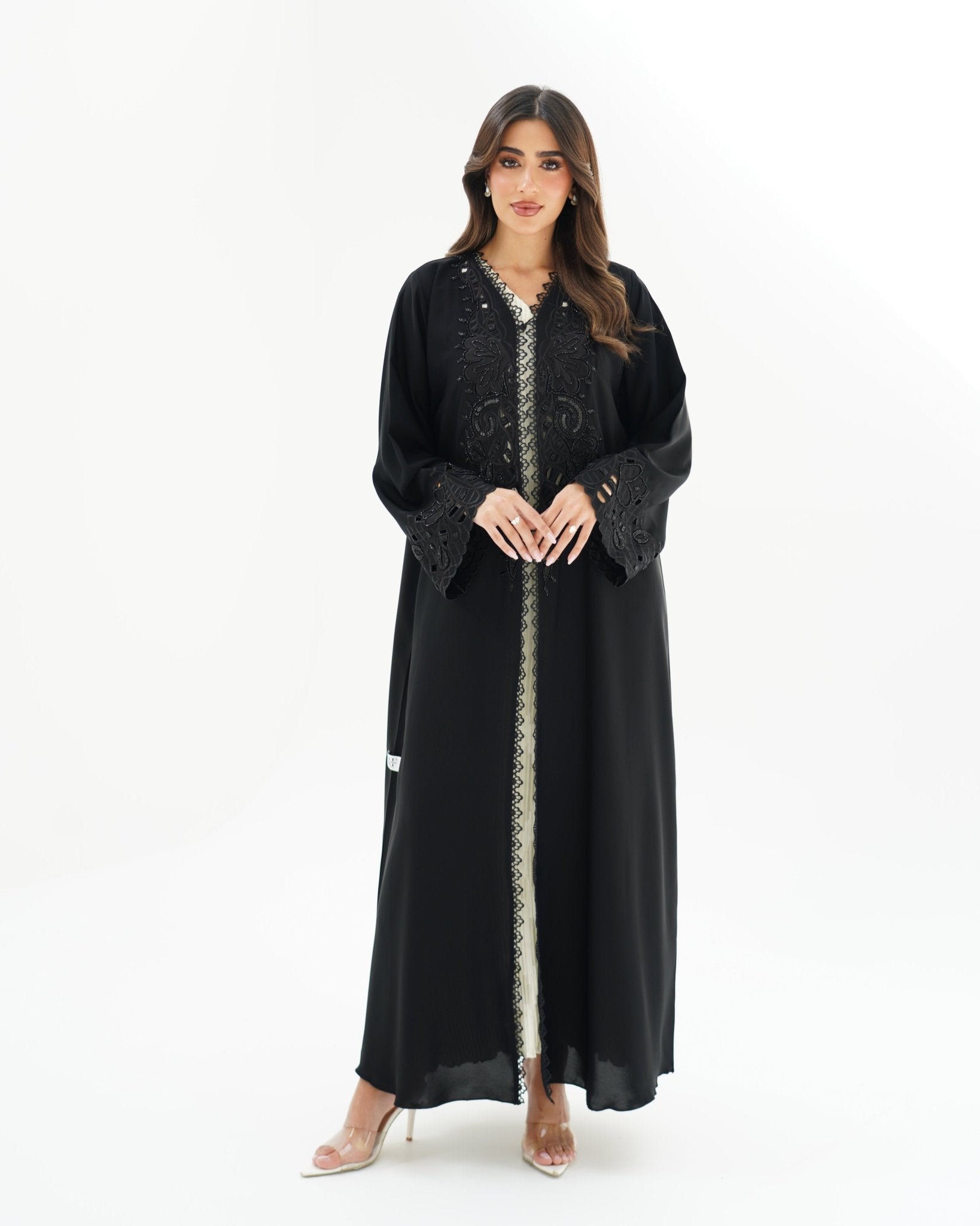 R255 Lazar cut Flower Dantel Black Abaya Abaya for Women UAE – Abaya – Rutba Fashion Abaya