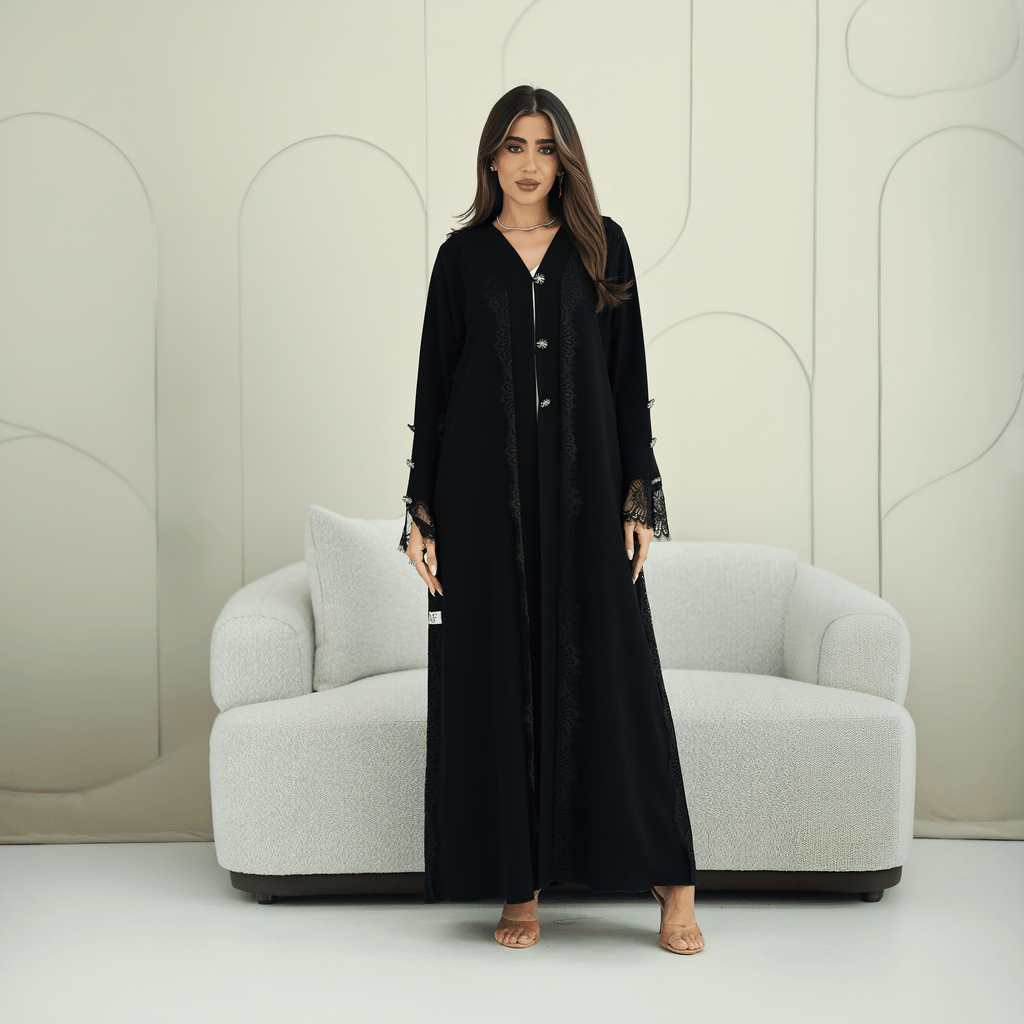 R267 3D Button & French Lace Elegant Abaya Abaya for Women UAE – Abaya – Rutba Fashion Abaya