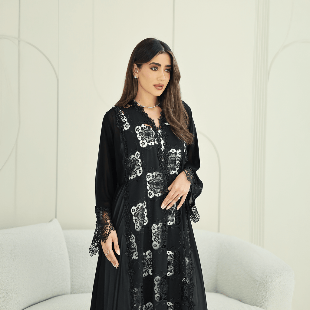 R273 Dantail Chiffon Abaya – Bead Work & Embroidered Design Abaya for Women UAE – Abaya – Rutba Fashion Abaya