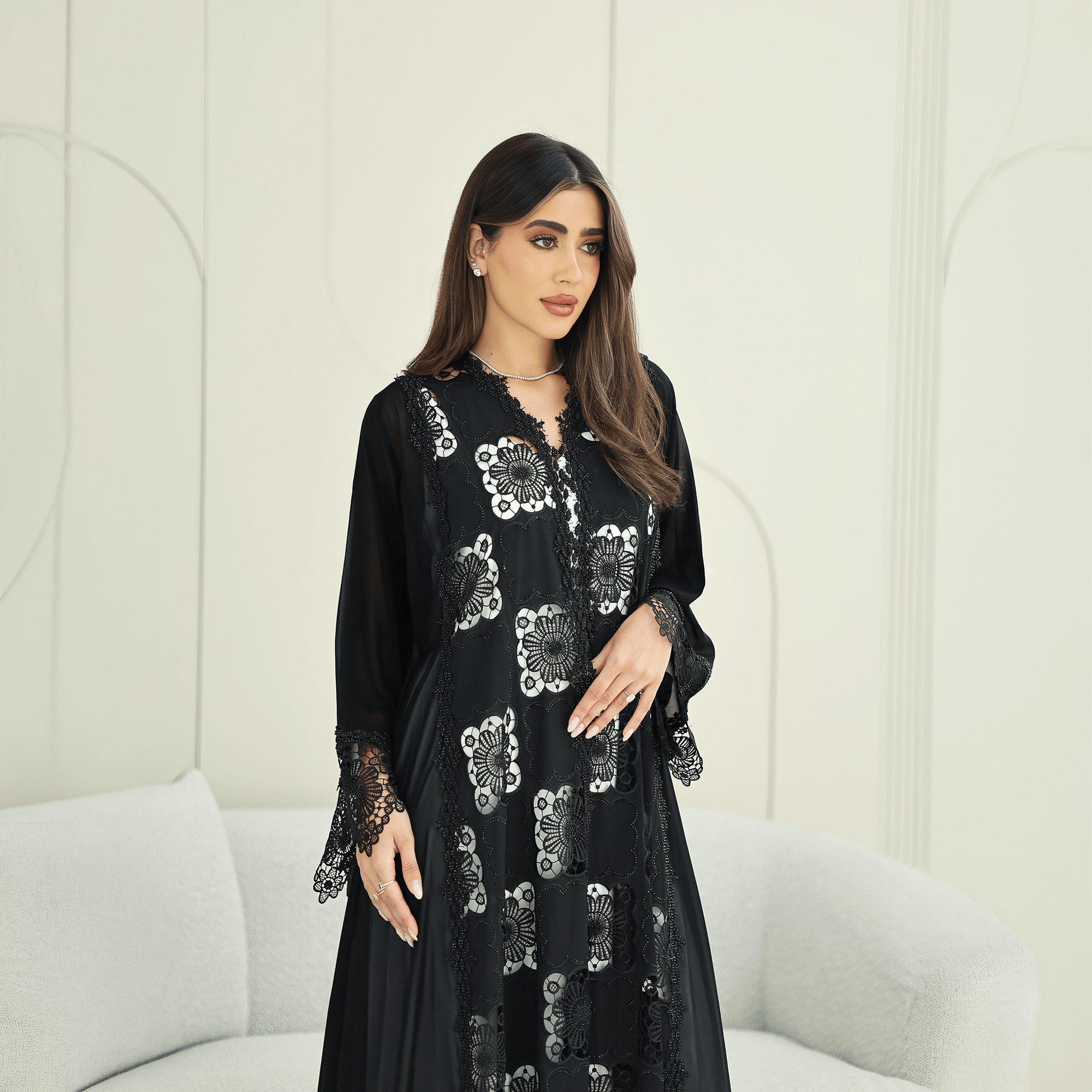 R273 Dantail Chiffon Abaya – Bead Work & Embroidered Design Abaya for Women UAE – Abaya – Rutba Fashion Abaya