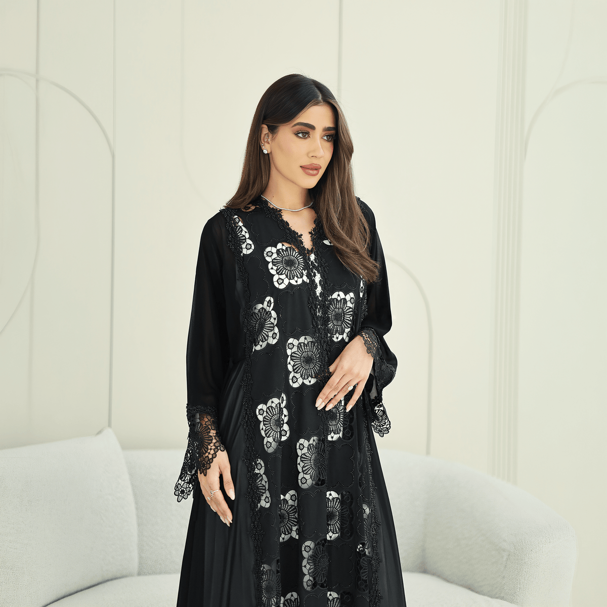R273 Dantail Chiffon Abaya – Bead Work & Embroidered Design Abaya for Women UAE – Abaya – Rutba Fashion Abaya