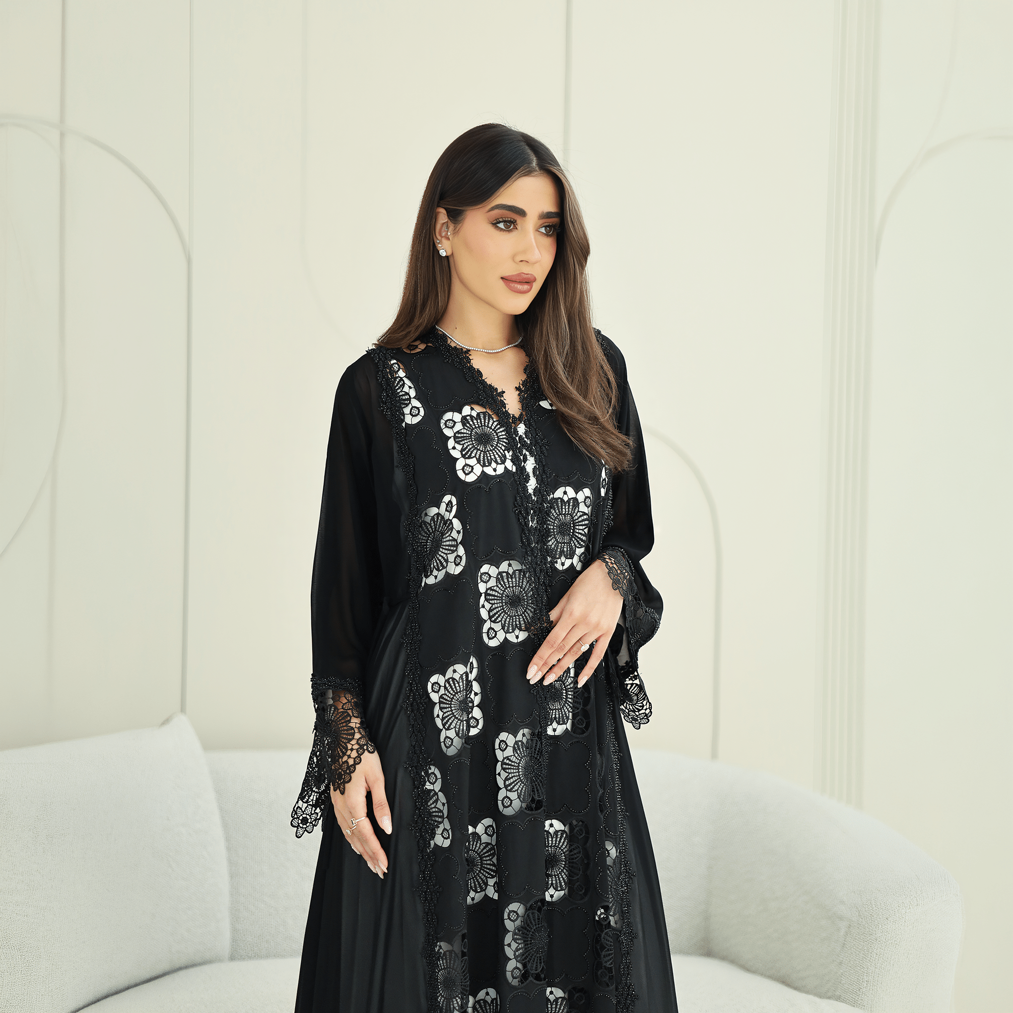 R273 Dantail Chiffon Abaya – Bead Work & Embroidered Design Abaya for Women UAE – Abaya – Rutba Fashion Abaya