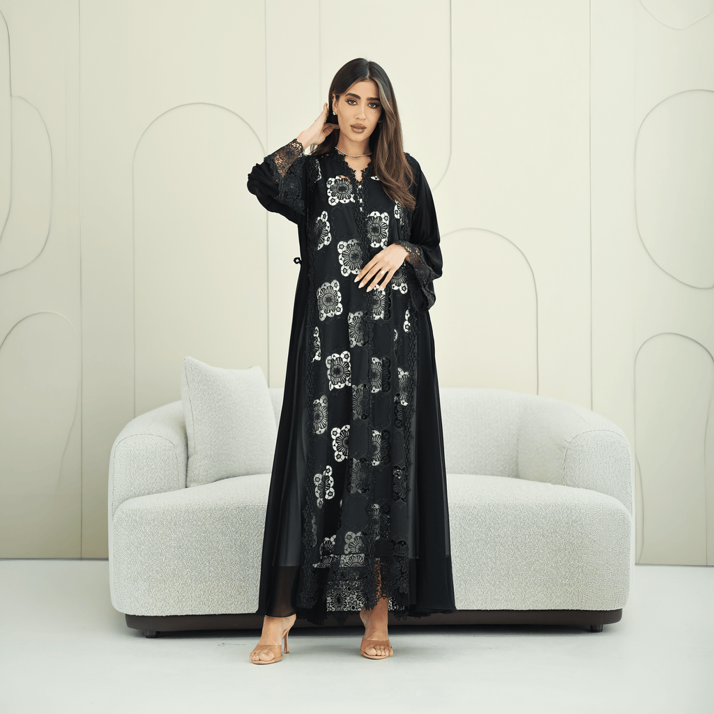 R273 Dantail Chiffon Abaya – Bead Work & Embroidered Design Abaya for Women UAE – Abaya – Rutba Fashion Abaya
