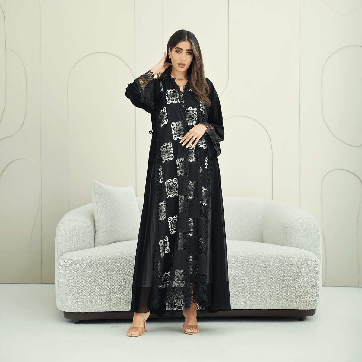 R273 Dantail Chiffon Abaya – Bead Work & Embroidered Design Abaya for Women UAE – Abaya – Rutba Fashion Abaya