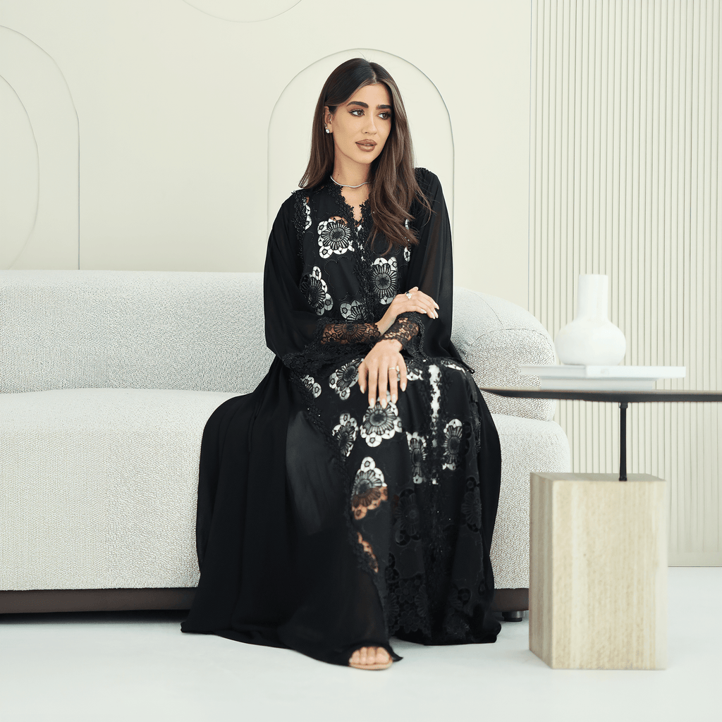 R273 Dantail Chiffon Abaya – Bead Work & Embroidered Design Abaya for Women UAE – Abaya – Rutba Fashion Abaya