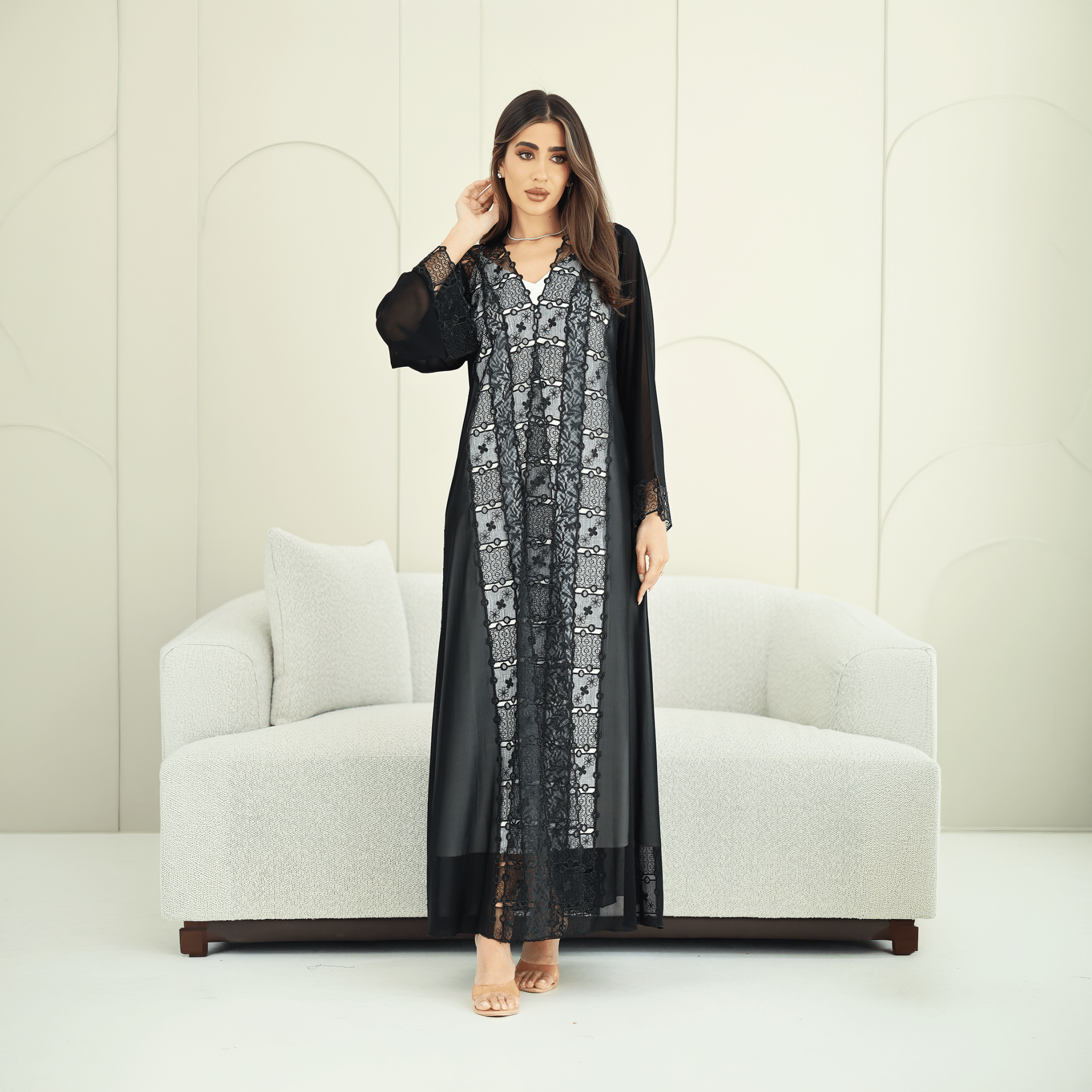 R274 | Luxury Dantail Abaya – Stone & Lace Embellished Abaya for Women UAE – Abaya – Rutba Fashion Abaya