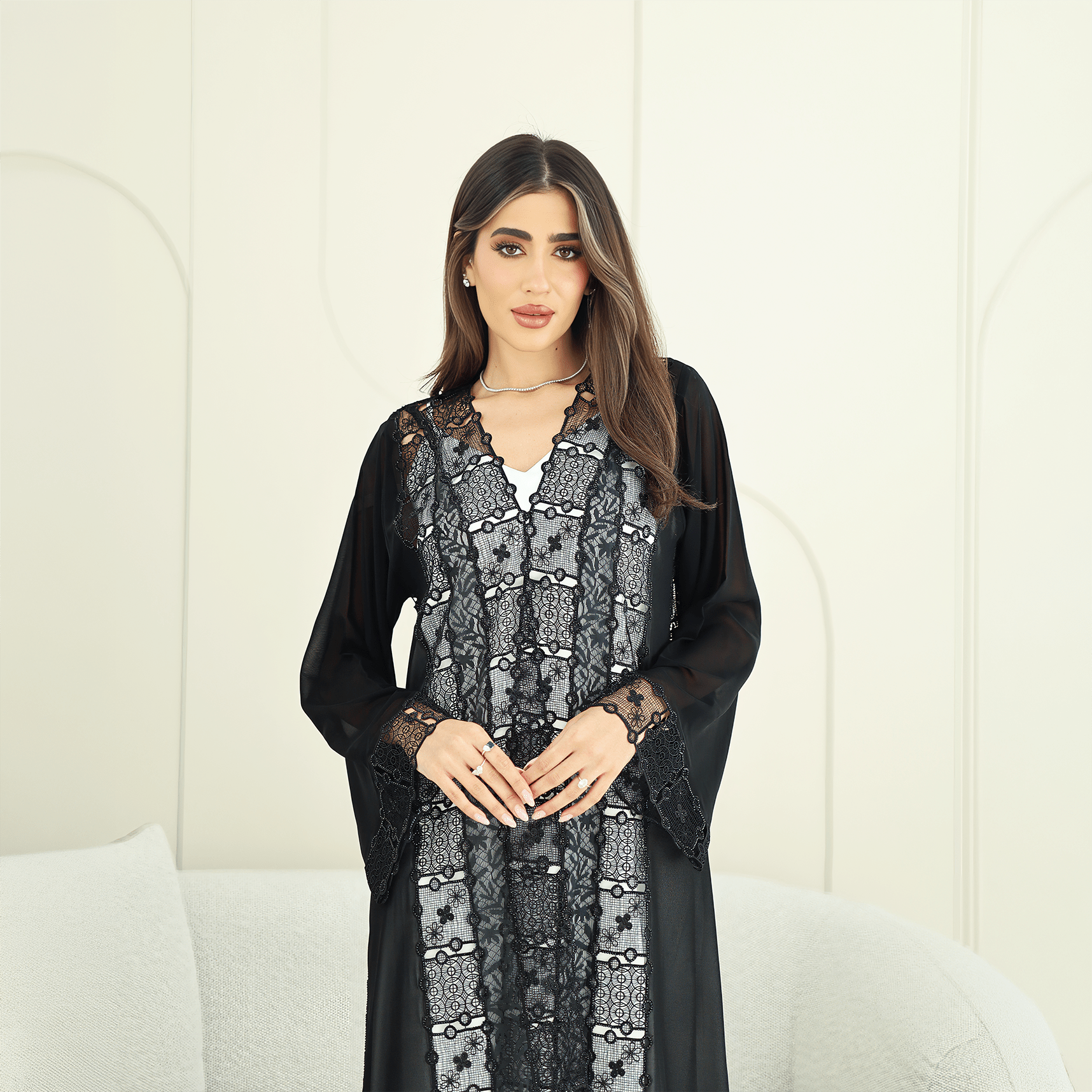 R274 | Luxury Dantail Abaya – Stone & Lace Embellished Abaya for Women UAE – Abaya – Rutba Fashion Abaya