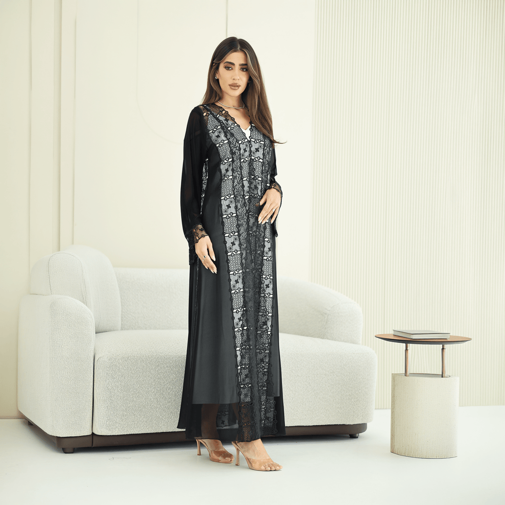 R274 | Luxury Dantail Abaya – Stone & Lace Embellished Abaya for Women UAE – Abaya – Rutba Fashion Abaya