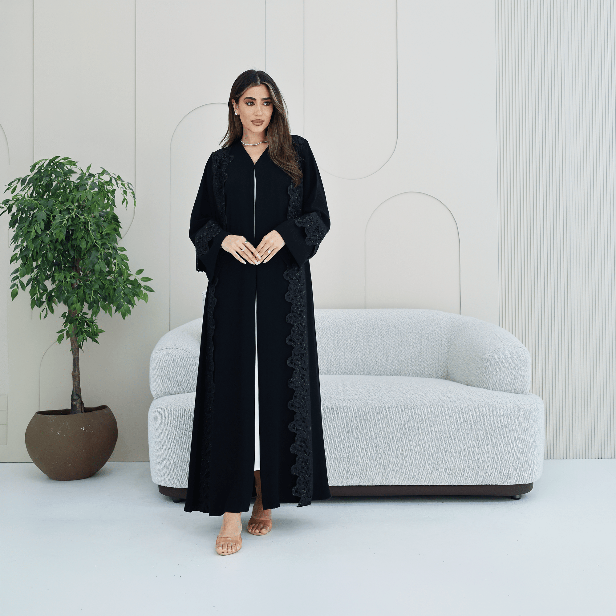 R276 | Laser Cutting Lace with Stone Work Abaya Abaya for Women UAE – Abaya – Rutba Fashion Abaya