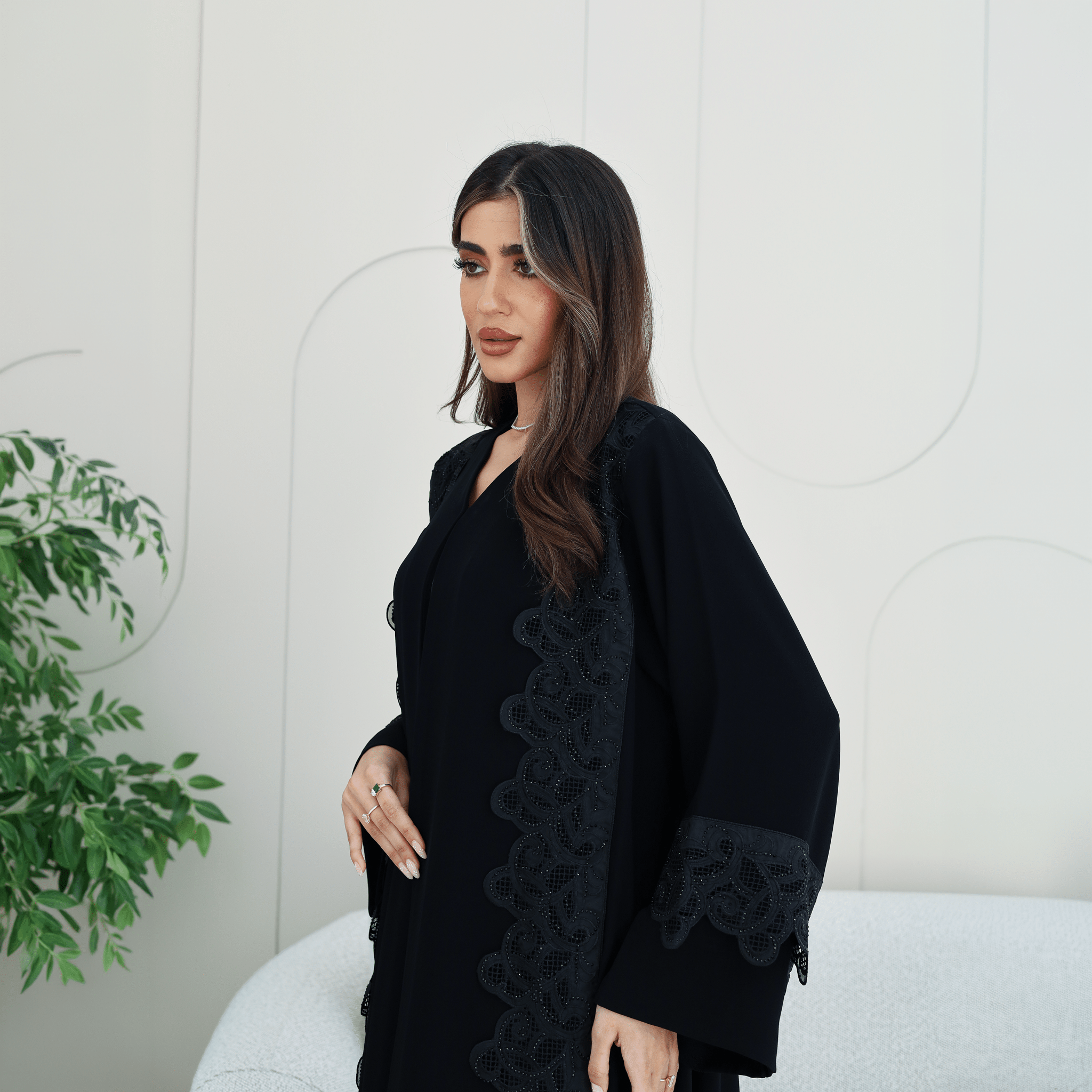 R276 | Laser Cutting Lace with Stone Work Abaya Abaya for Women UAE – Abaya – Rutba Fashion Abaya
