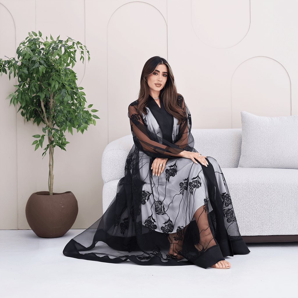 R279 | Luxury Abaya – Leaf Embroidery with Stone Work Abaya for Women UAE – Abaya – Rutba Fashion Abaya
