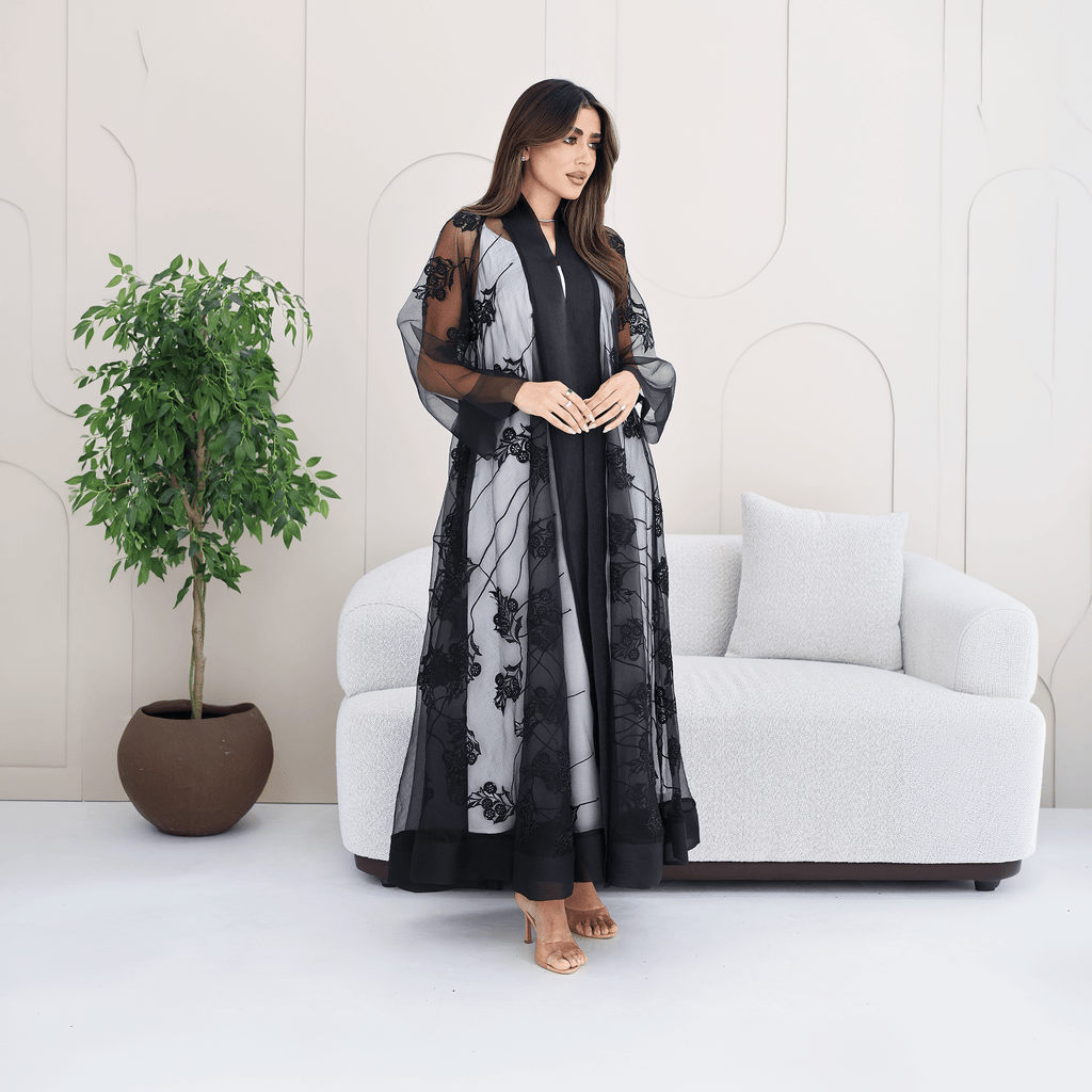 R279 | Luxury Abaya – Leaf Embroidery with Stone Work Abaya for Women UAE – Abaya – Rutba Fashion Abaya