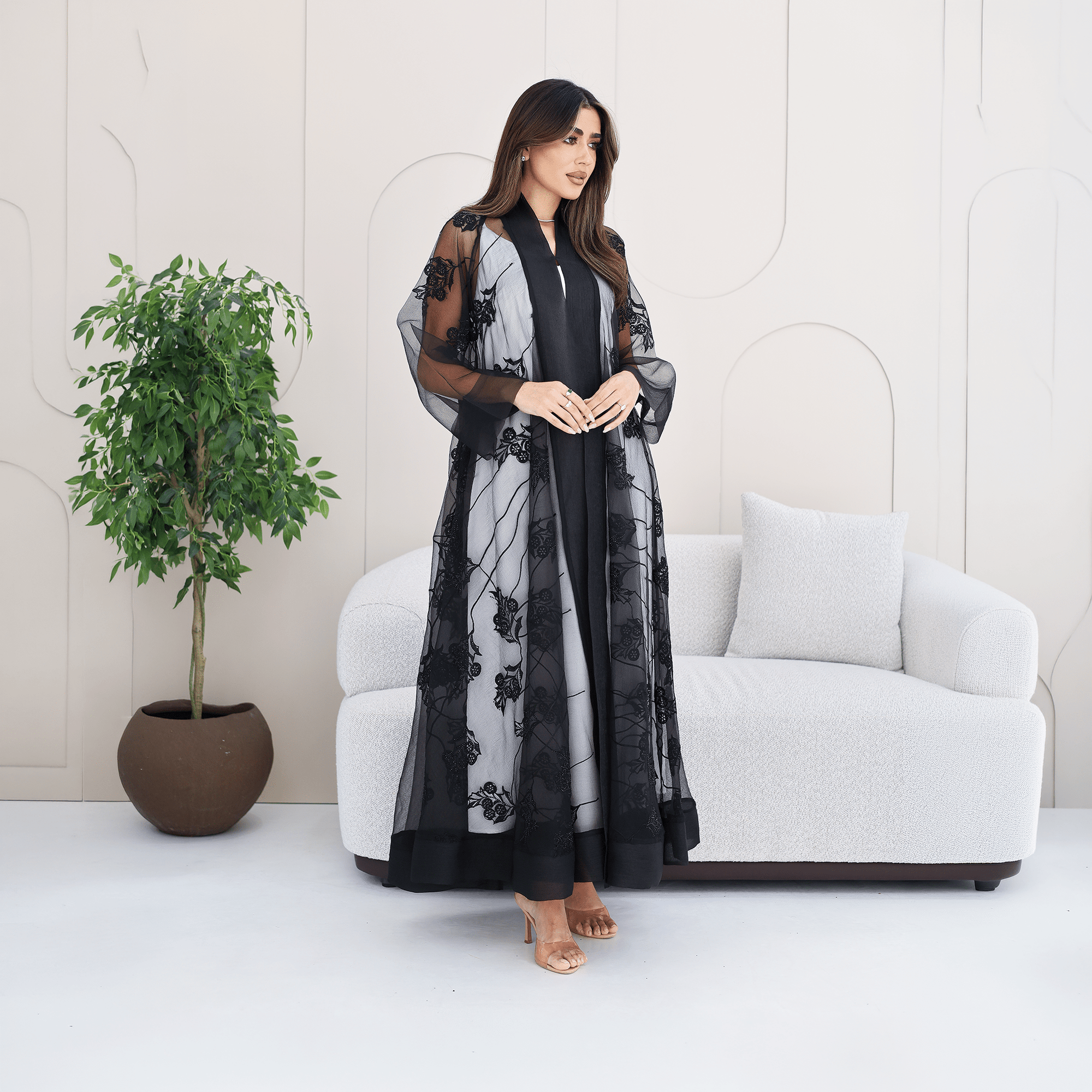 R279 | Luxury Abaya – Leaf Embroidery with Stone Work Abaya for Women UAE – Abaya – Rutba Fashion Abaya