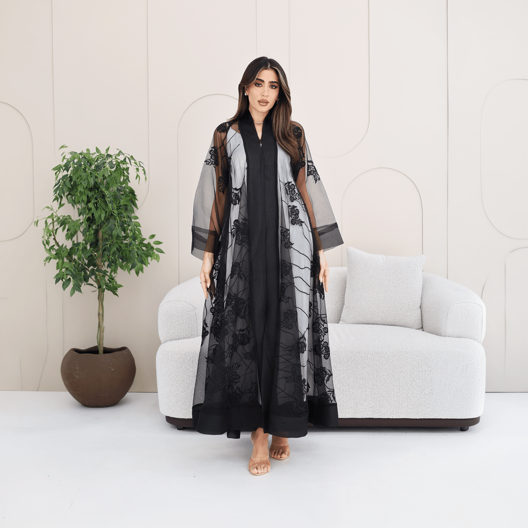 R279 | Luxury Abaya – Leaf Embroidery with Stone Work Abaya for Women UAE – Abaya – Rutba Fashion Abaya