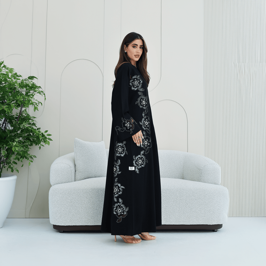 R280 | Abaya – Flower Laser Cut with Embellishments Abaya for Women UAE – Abaya – Rutba Fashion Abaya
